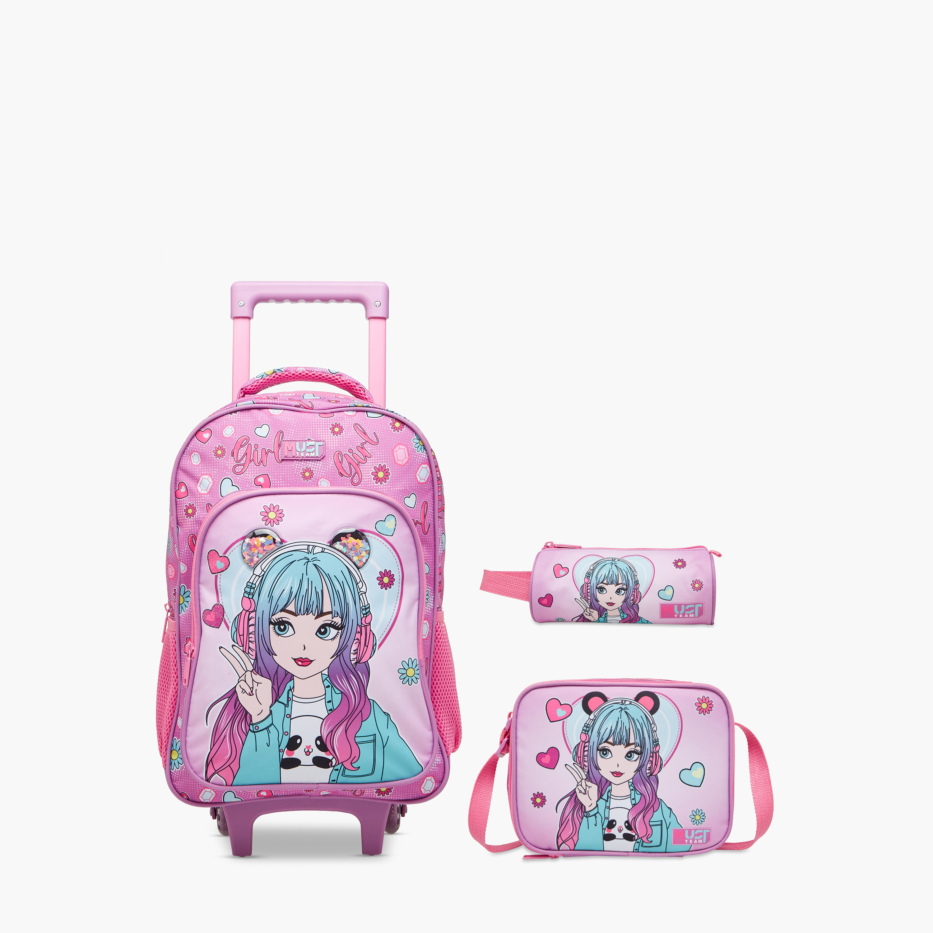 MUST Printed 3-Piece School Trolley Bag Set for Girls 5-8 Years with Lunch Bag and Pencil Pouch -school-bagsandbackpacks-trolleybags-image-1