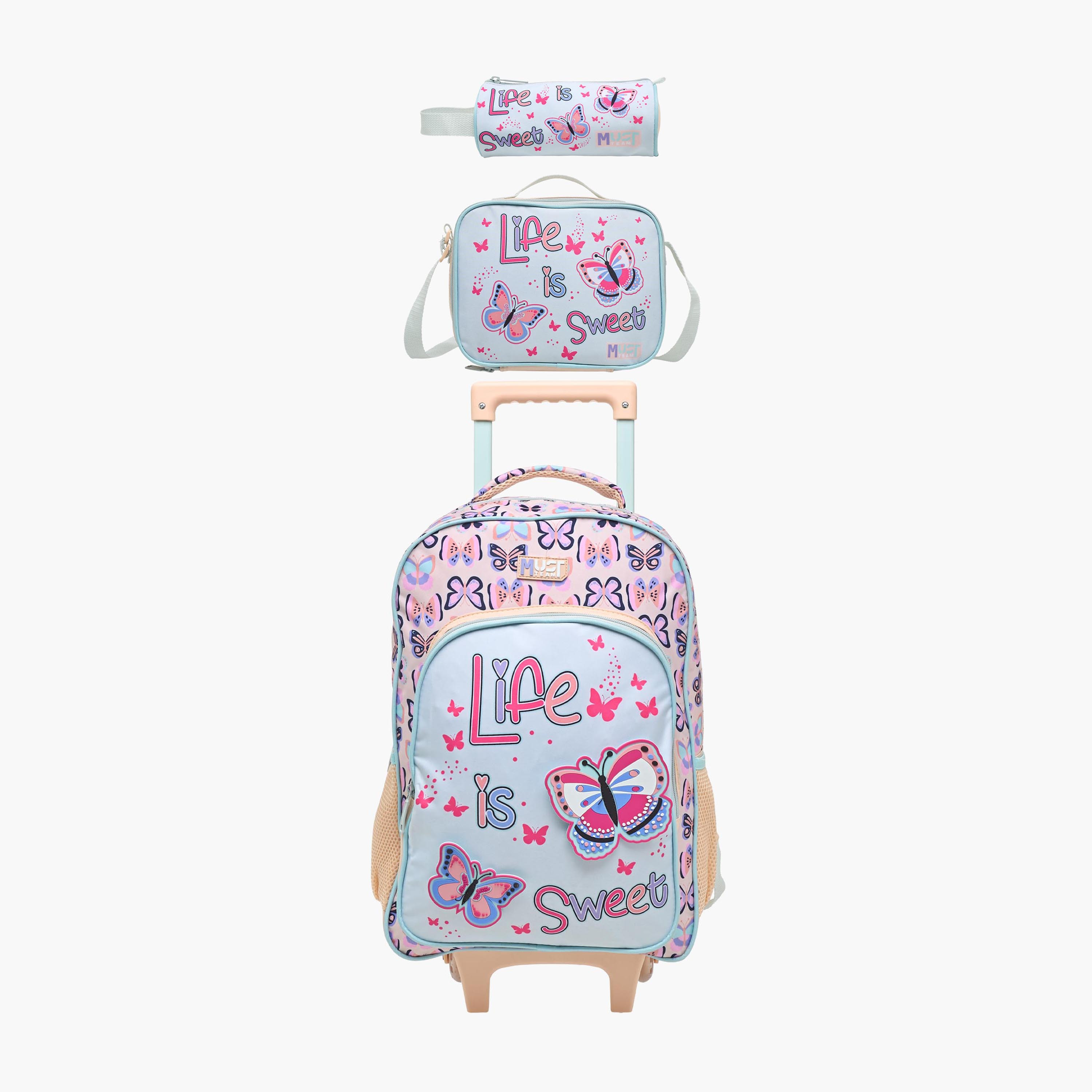 MUST Butterfly 3-Piece School Trolley Bag Set for Girls 5-8 Years with Lunch Bag and Pencil Pouch -promo_LS20_OMN-image-1