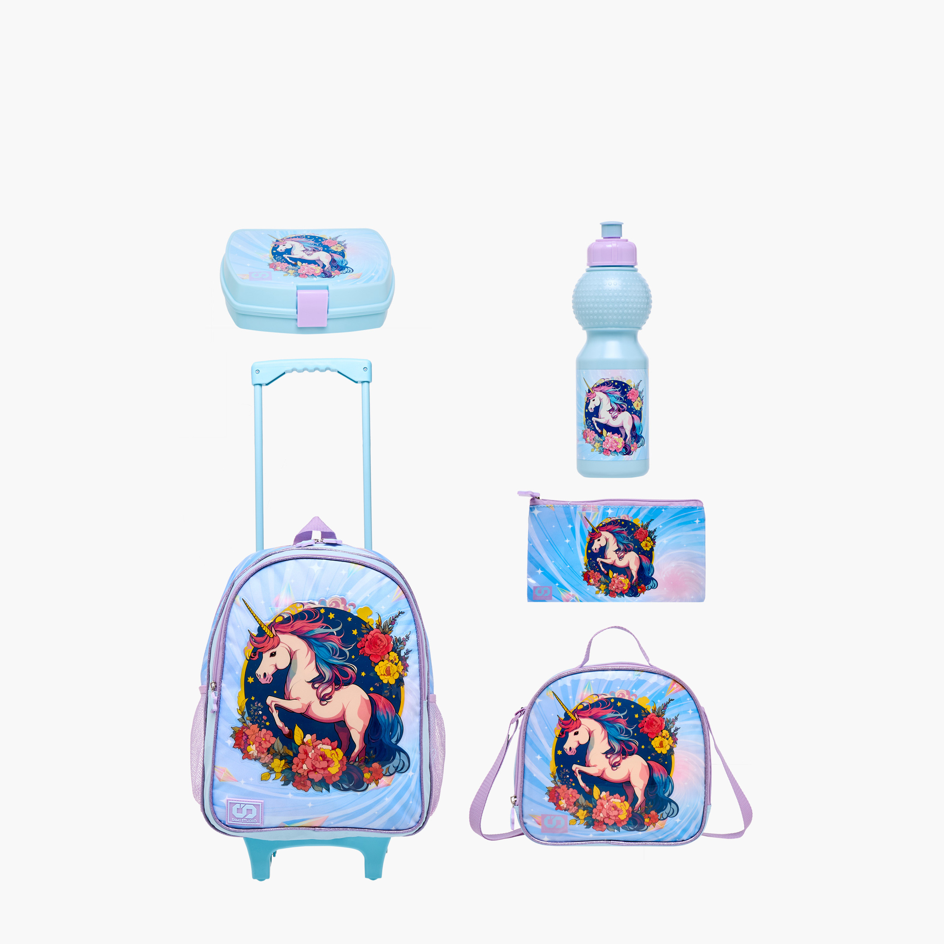 SAMI STUDIO 5-Piece Unicorn Print Trolley Backpack Set - 34x20x48 cms-school-bagsandbackpacks-trolleybags-image-1