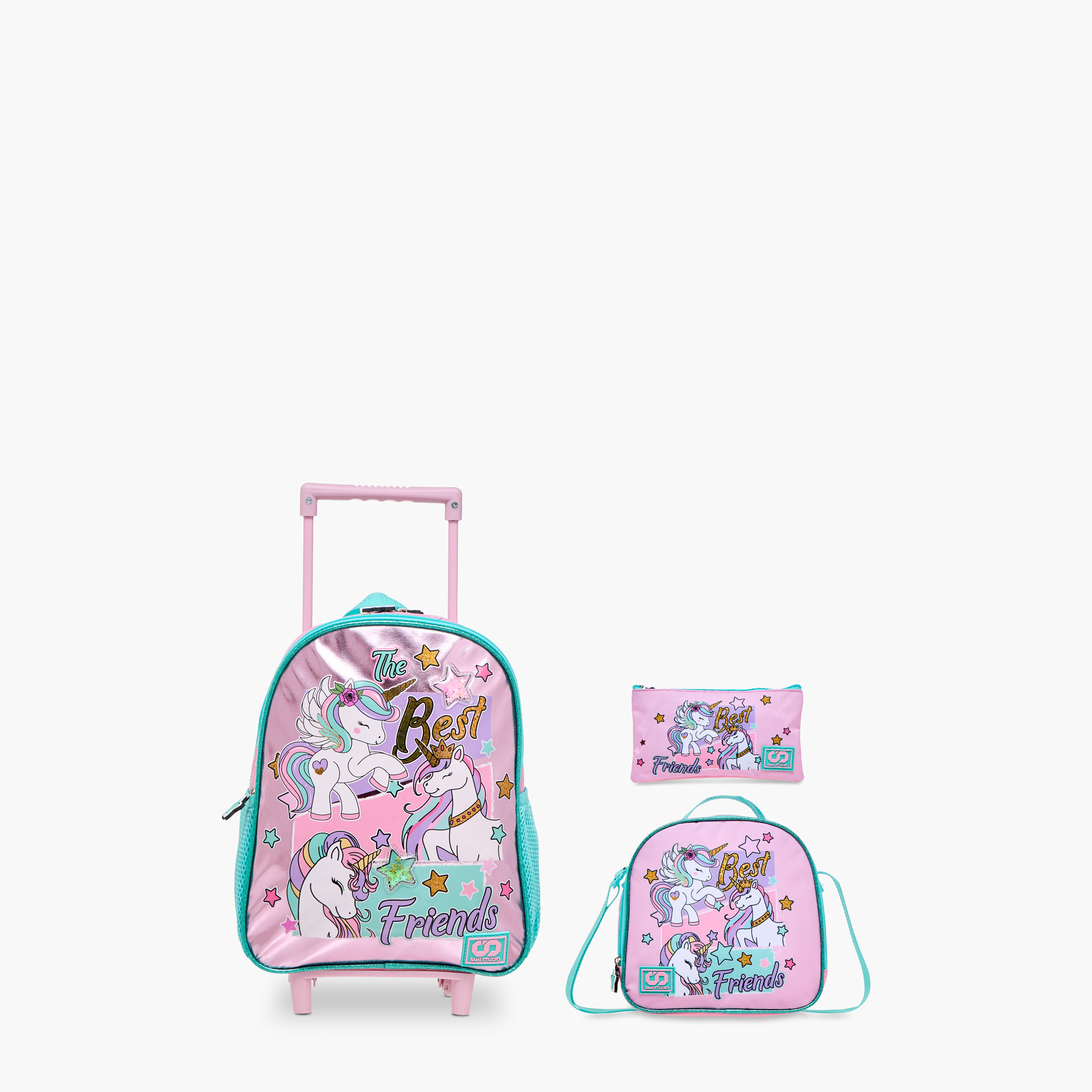 طقم شنطة ظهر ترولي 12 بوصة 3 قطع بطبعات يونيكورن من سامي ستوديو - 31x23x10 سم-school-bagsandbackpacks-trolleybags-image-1