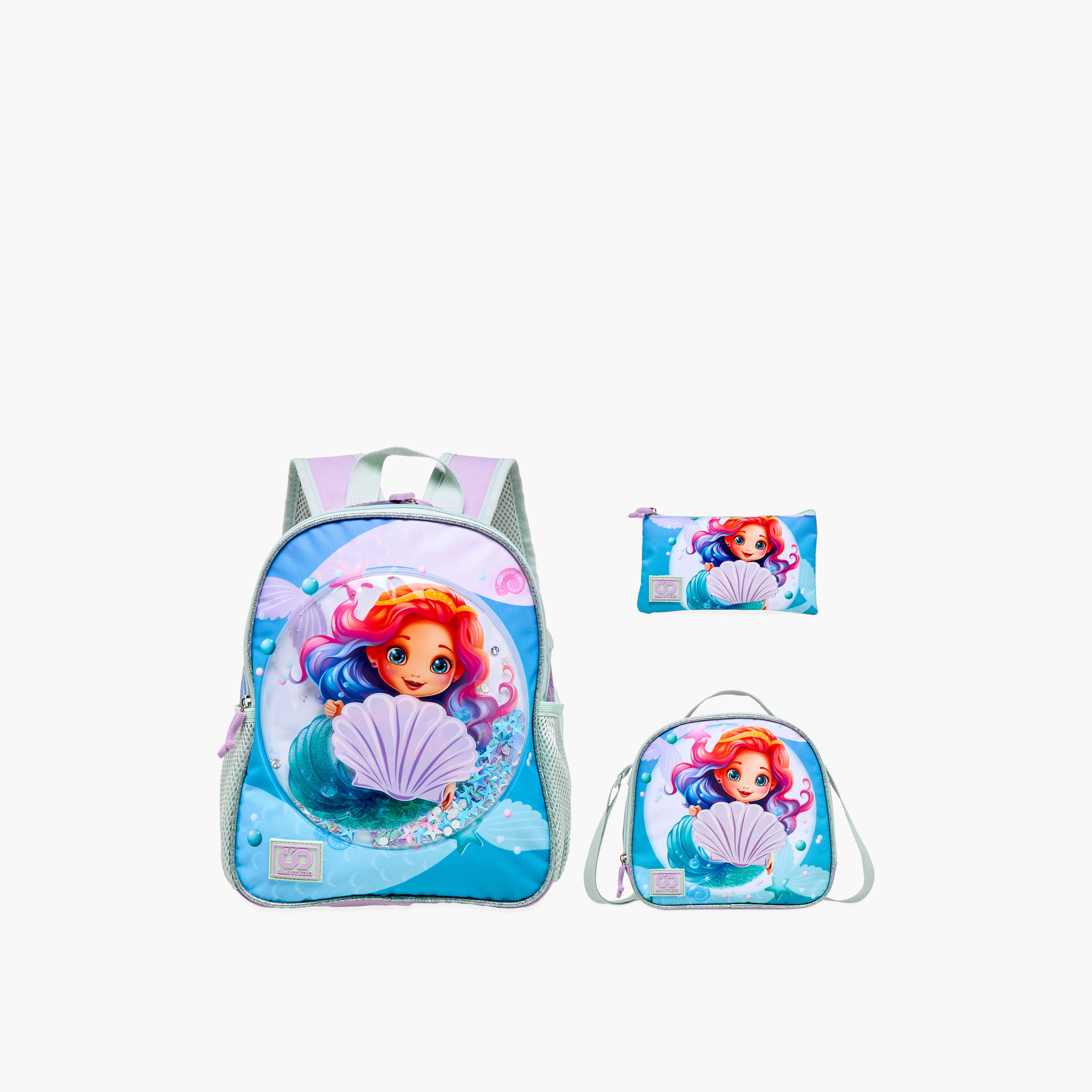 طقم شنطة ظهر 16 بوصة بطبعات حورية البحر 3 قطع من سامي ستوديو - 31x23x10 سم-school-bagsandbackpacks-backpacks-image-1