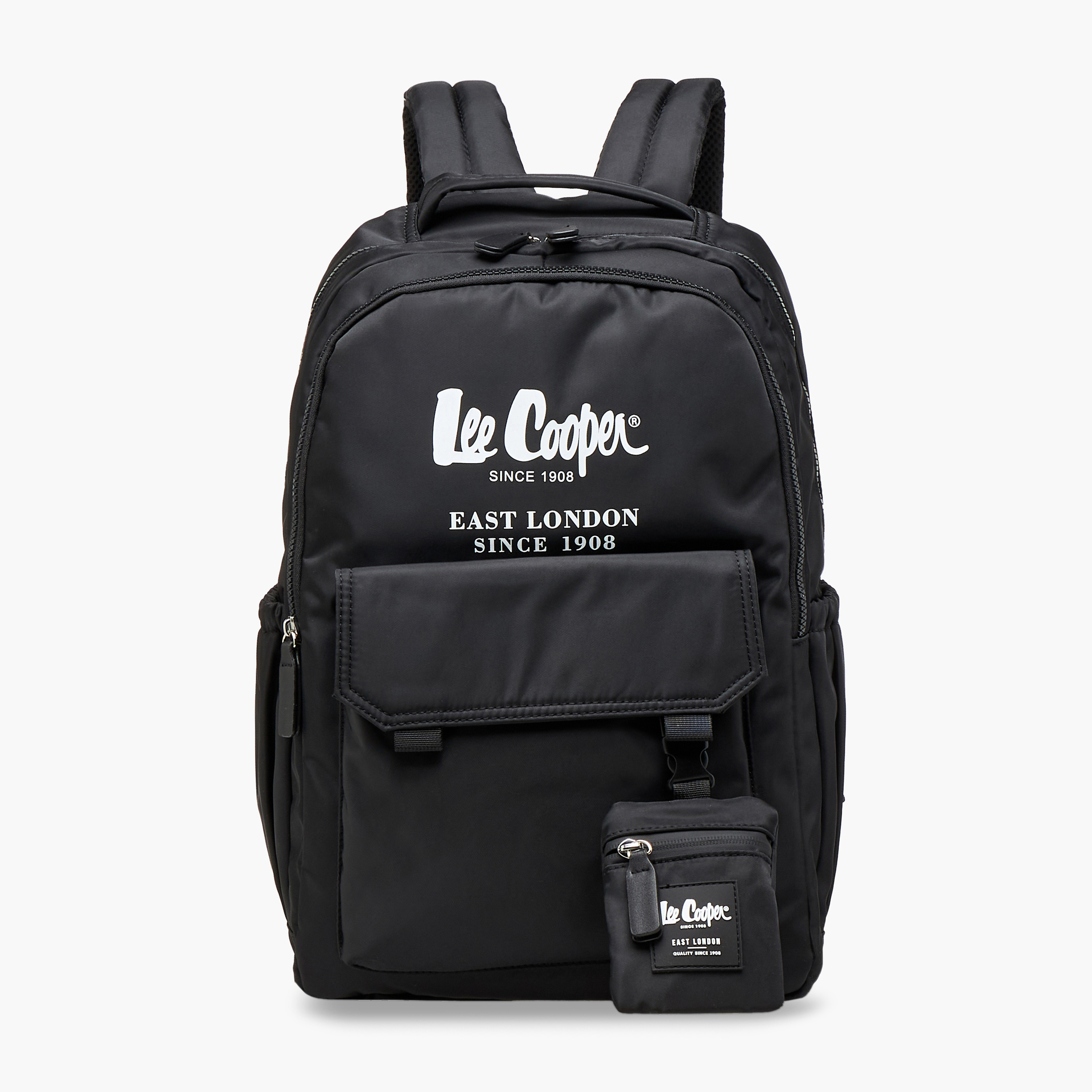 Lee Cooper Logo Print Backpack with Zip Closure and Attached Pouch - 45x14x30 cm-women-bagsandwallets-backpacks-image-1