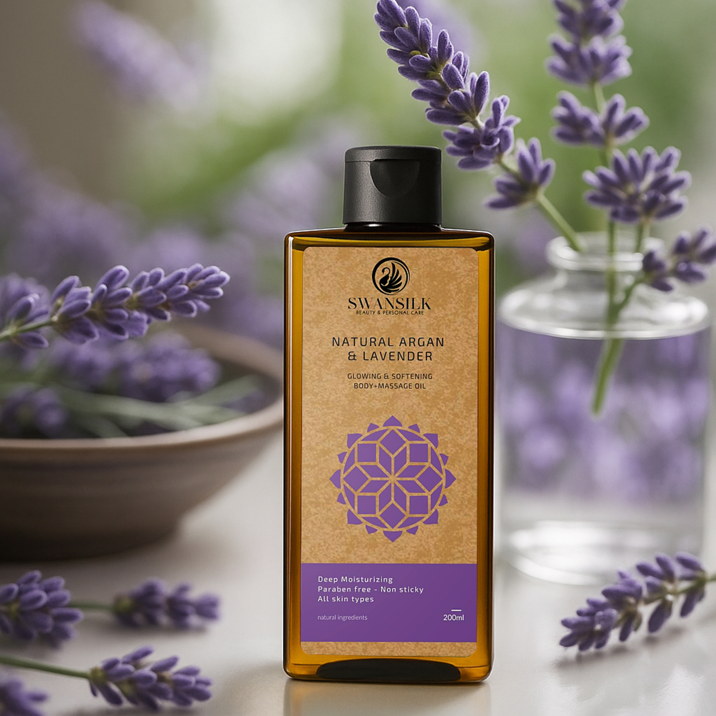 SWANSILK Body Massage Oil with Natural Argan and Lavender - 200 ml-beautyandpersonalcare-bathandbody-bodycare-oils-image-1