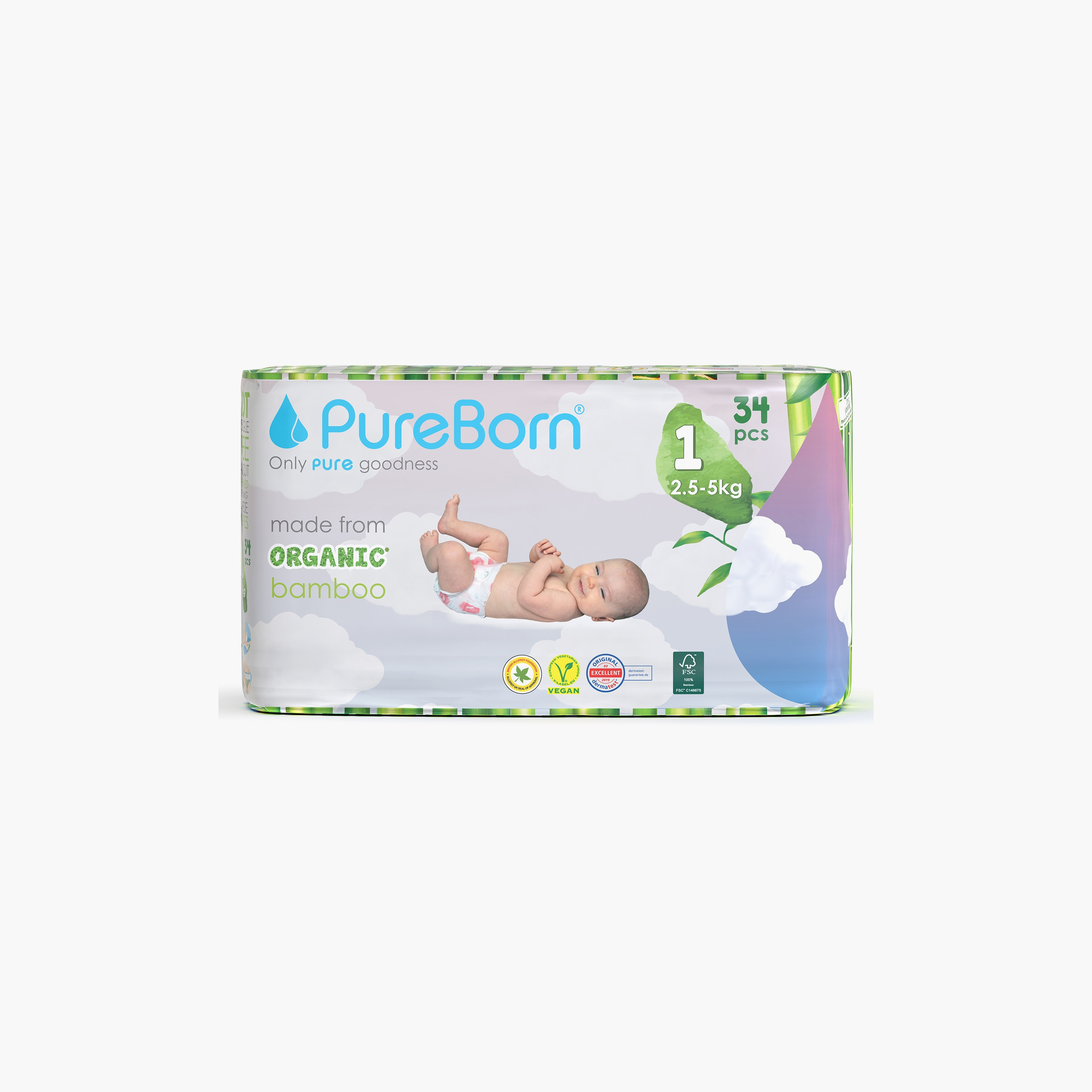Pure Born 34-Piece Organic Diapers - Assorted Printed - Size 1 - 2.5-5kg-baby-diapering-diapers-image-1