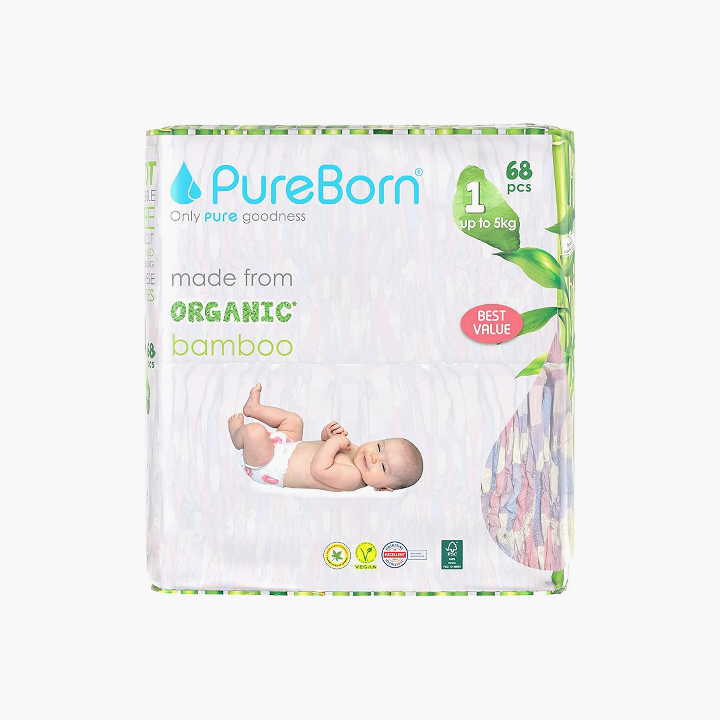 Pure Born 68-Piece Organic Diapers - Assorted Printed - Size 1 - Upto 5kg-baby-diapering-diapers-image-1