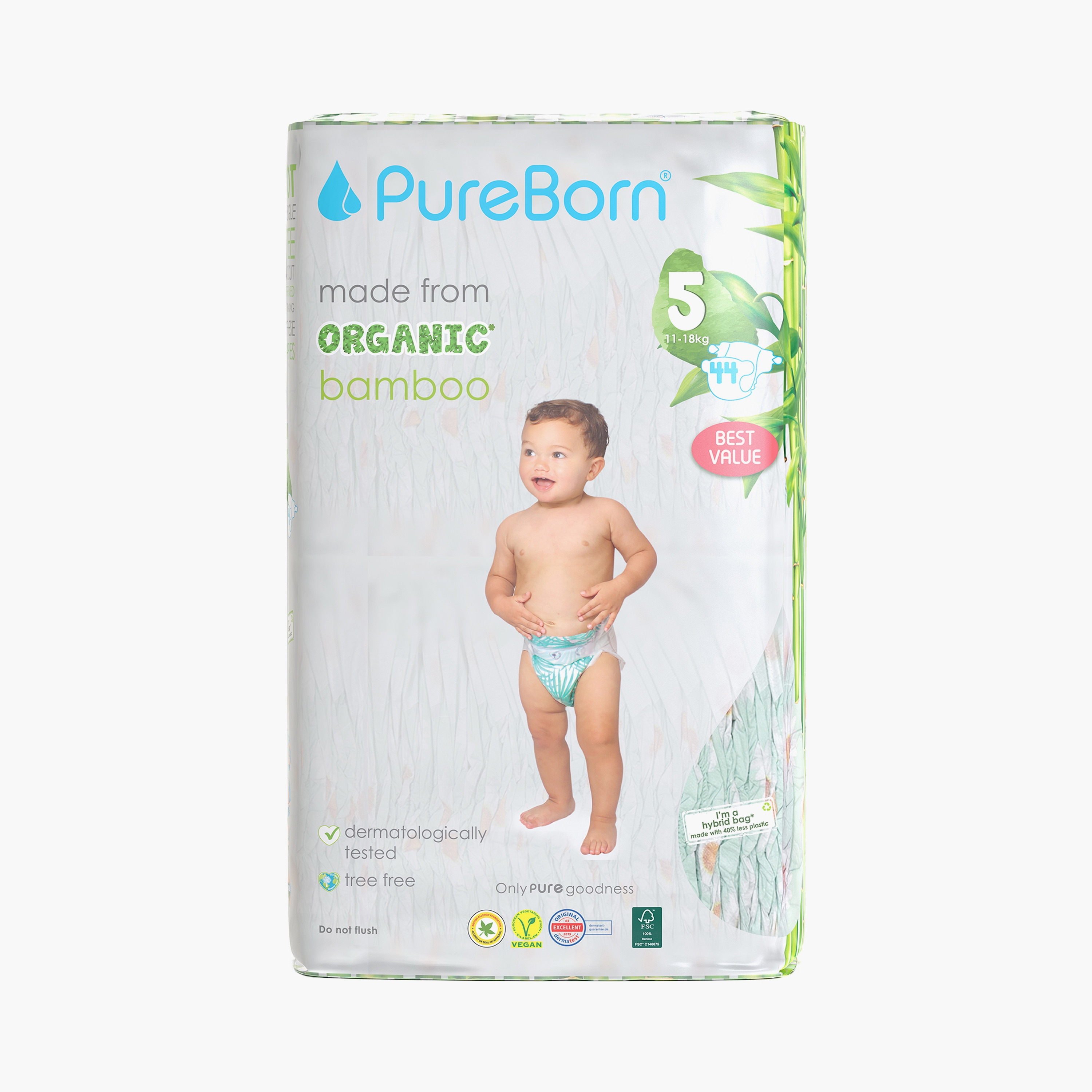 Pure Born 44-Piece Organic Diapers - Assorted Printed - Size 5 - 11-18kg-baby-diapering-diapers-image-1