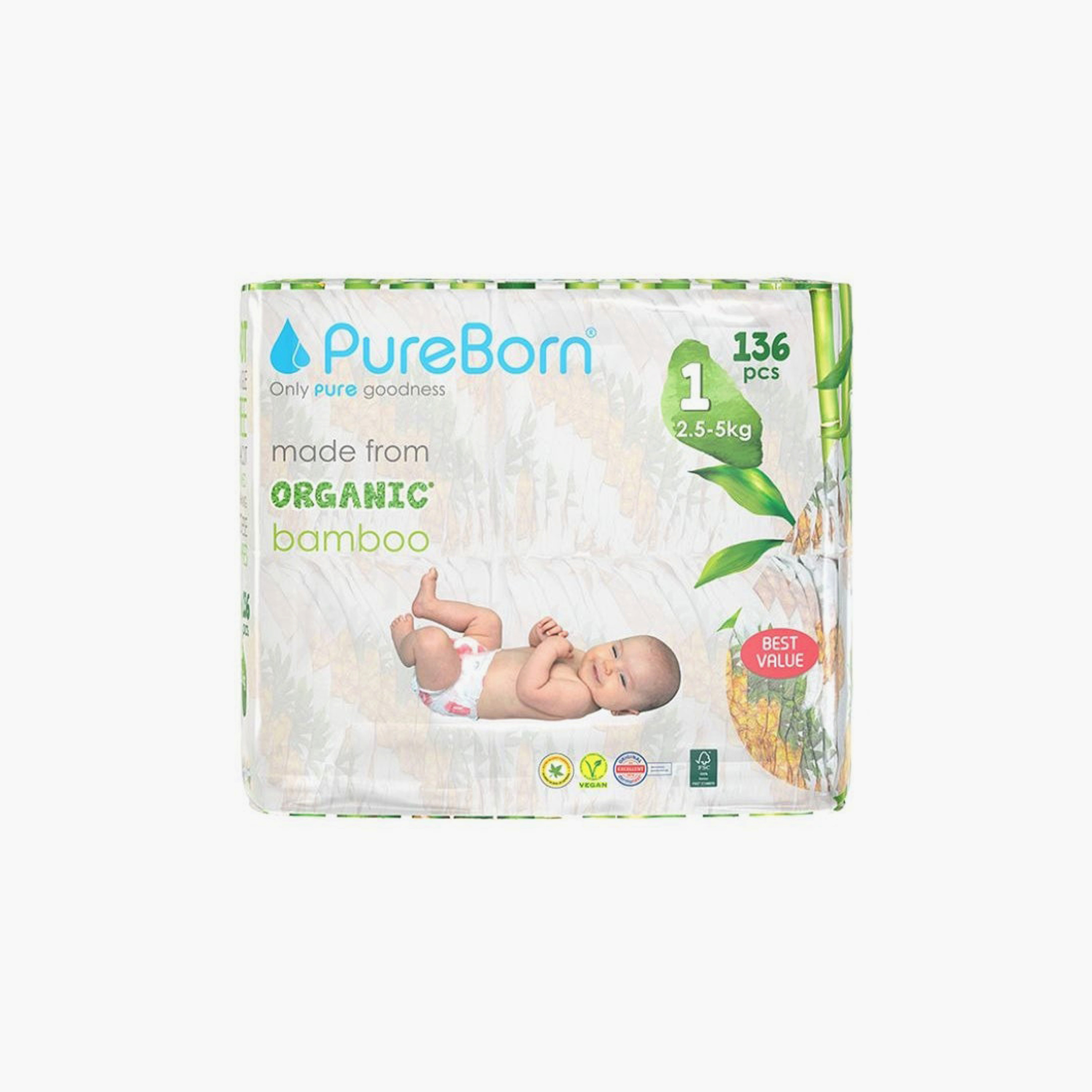 Pure Born 136-Piece Organic Diapers - Assorted Printed - Size 1 - Upto 5kg-baby-diapering-diapers-image-1