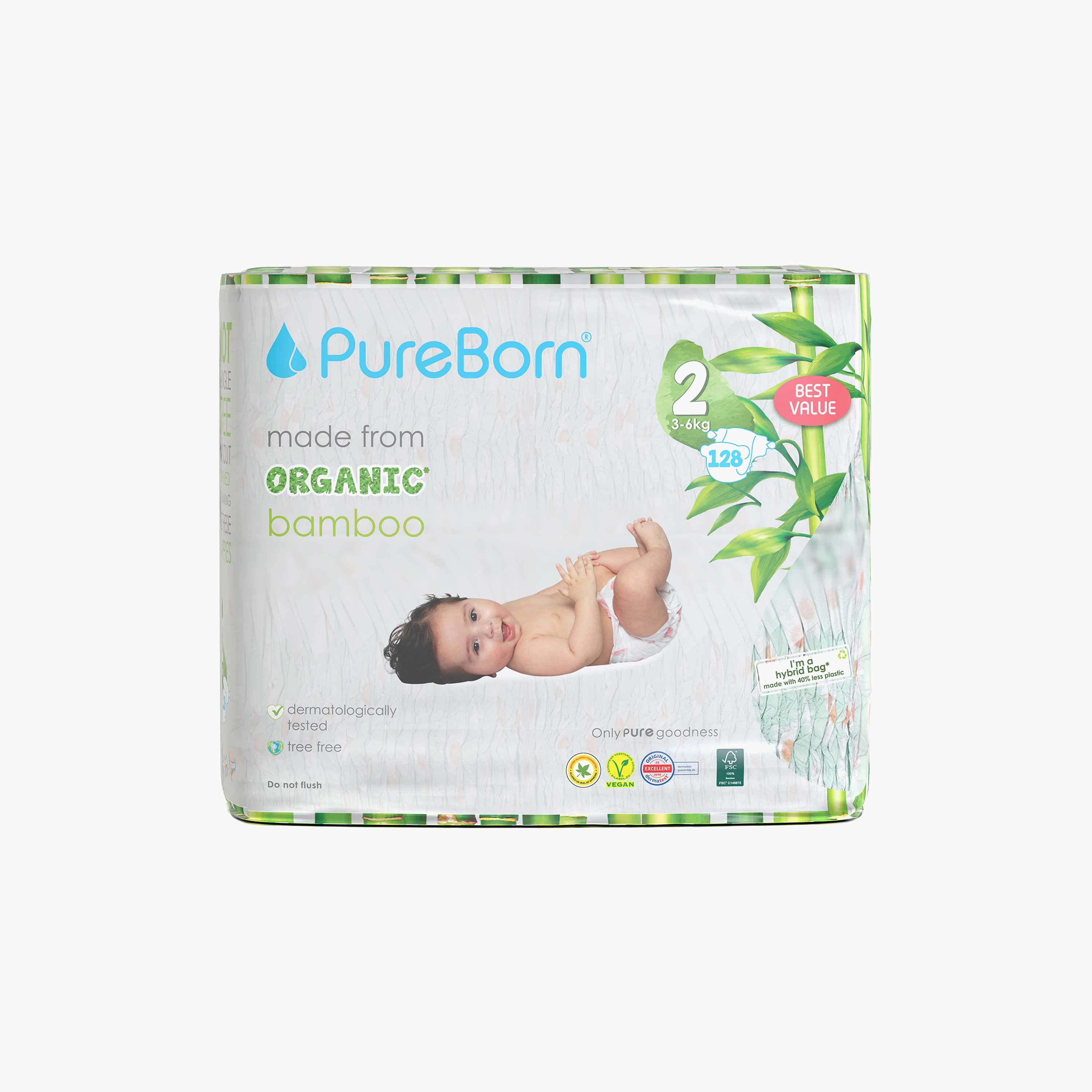Pure Born 128-Piece Organic Diapers - Assorted Printed - Size 2 - 3-6kg-baby-diapering-diapers-image-1