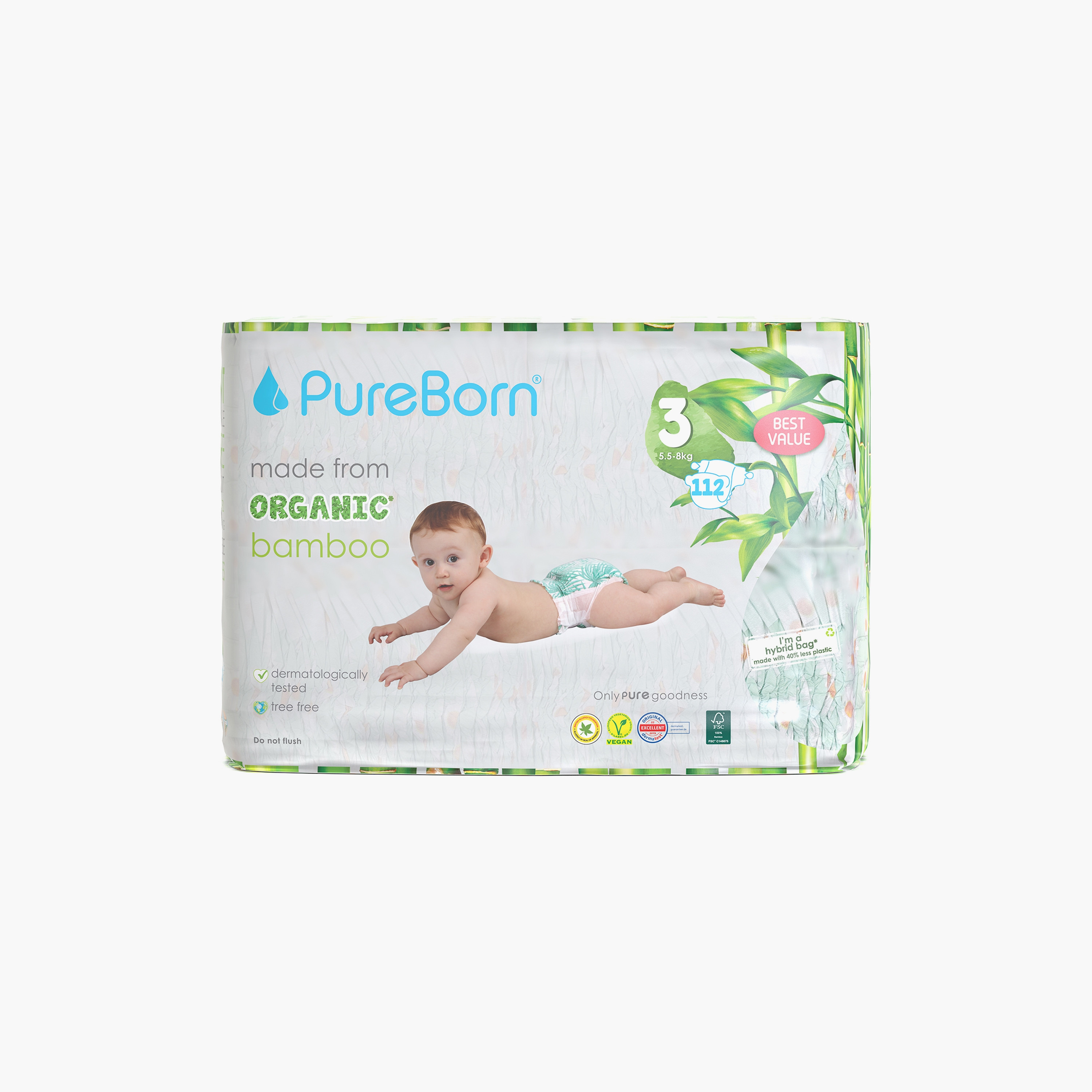 Pure Born 112-Piece Organic Diapers - Assorted Printed - Size 3 - 5.5-8kg-baby-diapering-diapers-image-1