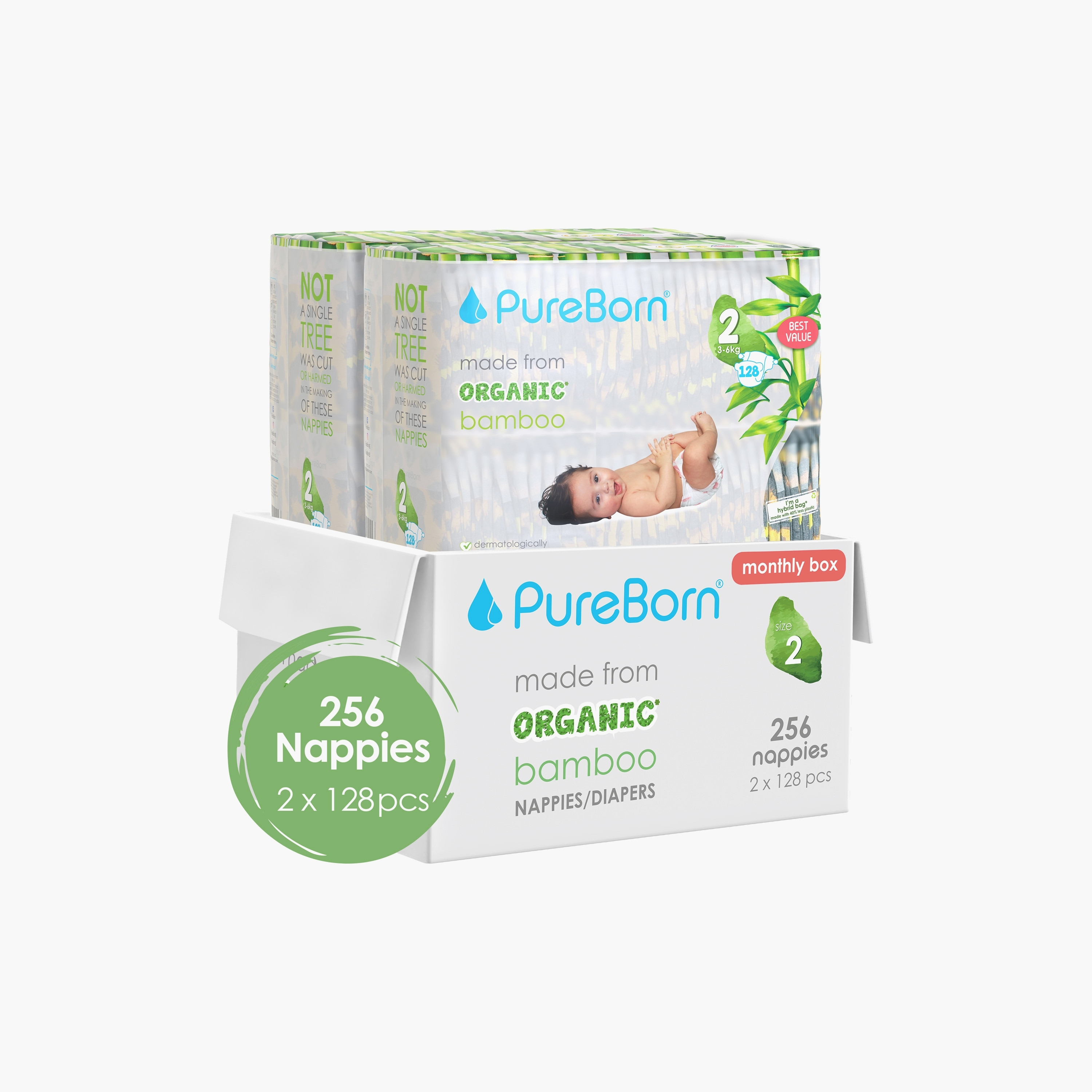 Pure Born 256-Piece Organic Diapers - Assorted Printed - Size 2 - 3-6kg-baby-diapering-diapers-image-1