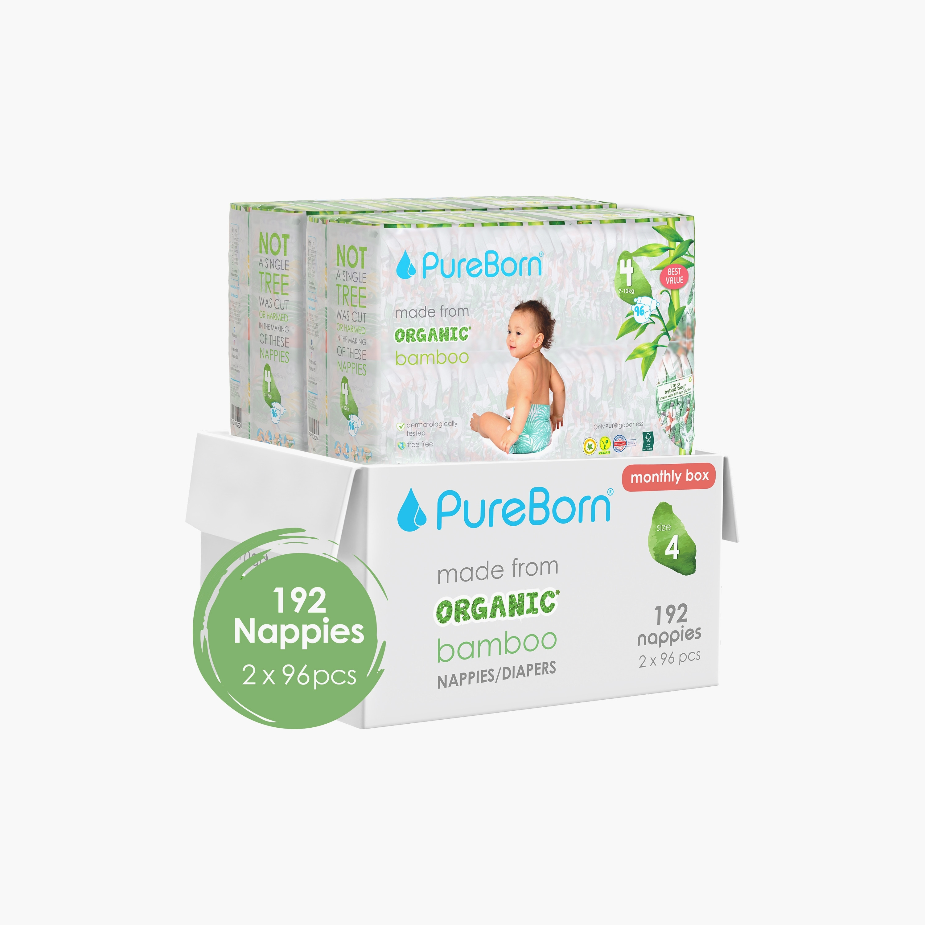 Pure Born 192-Piece Organic Diapers - Assorted Printed - Size 4 - 7-12kg-baby-diapering-diapers-image-1