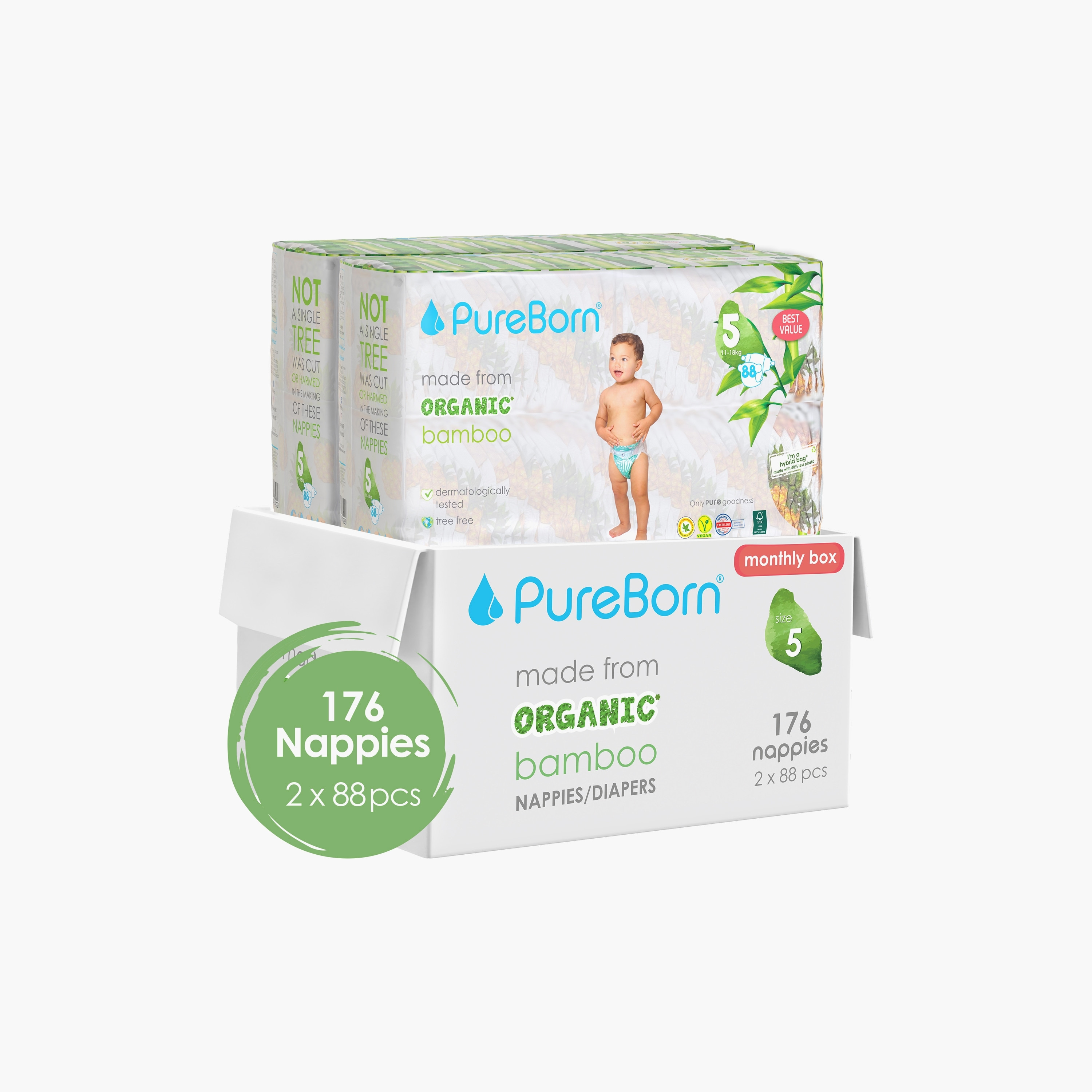 Pure Born 176-Piece Organic Diapers - Assorted Printed - Size 5 - 11-18kg-baby-diapering-diapers-image-1