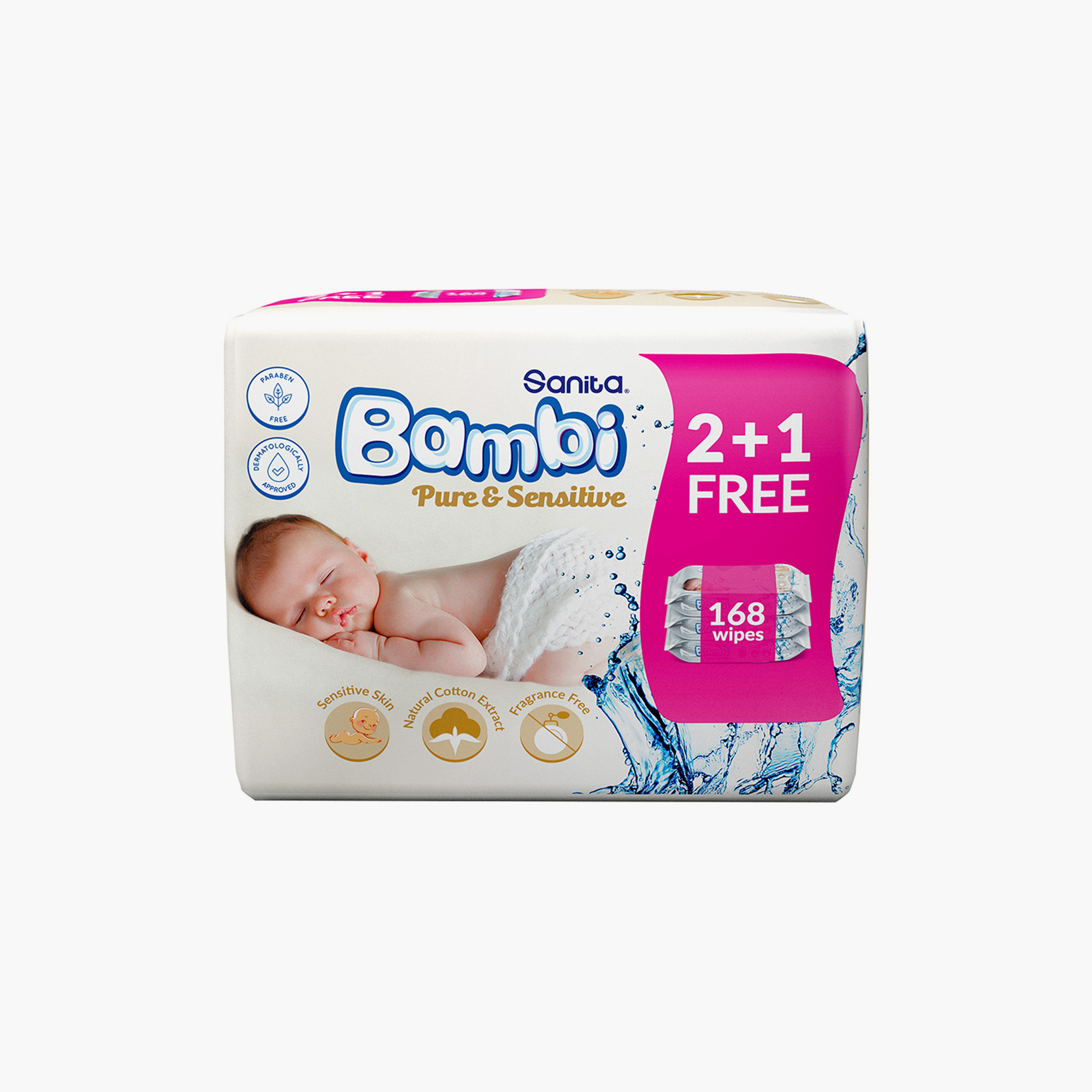 مناديل مبللة  بيور اند سينسيتيف 168 قطعة - (2+1) من سانيتا بامبي-baby-diapering-babywipes-image-6