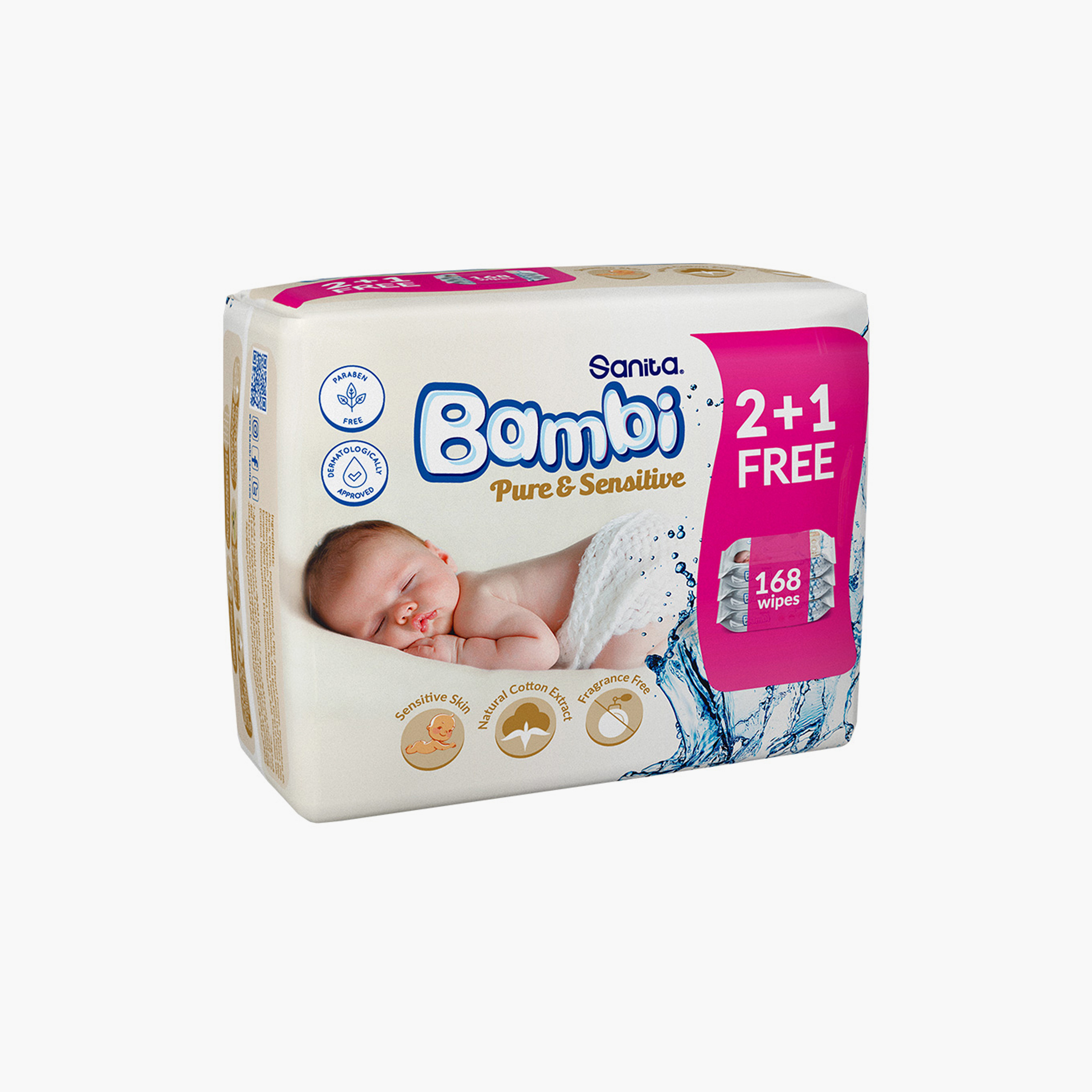 مناديل مبللة  بيور اند سينسيتيف 168 قطعة - (2+1) من سانيتا بامبي-baby-diapering-babywipes-image-5