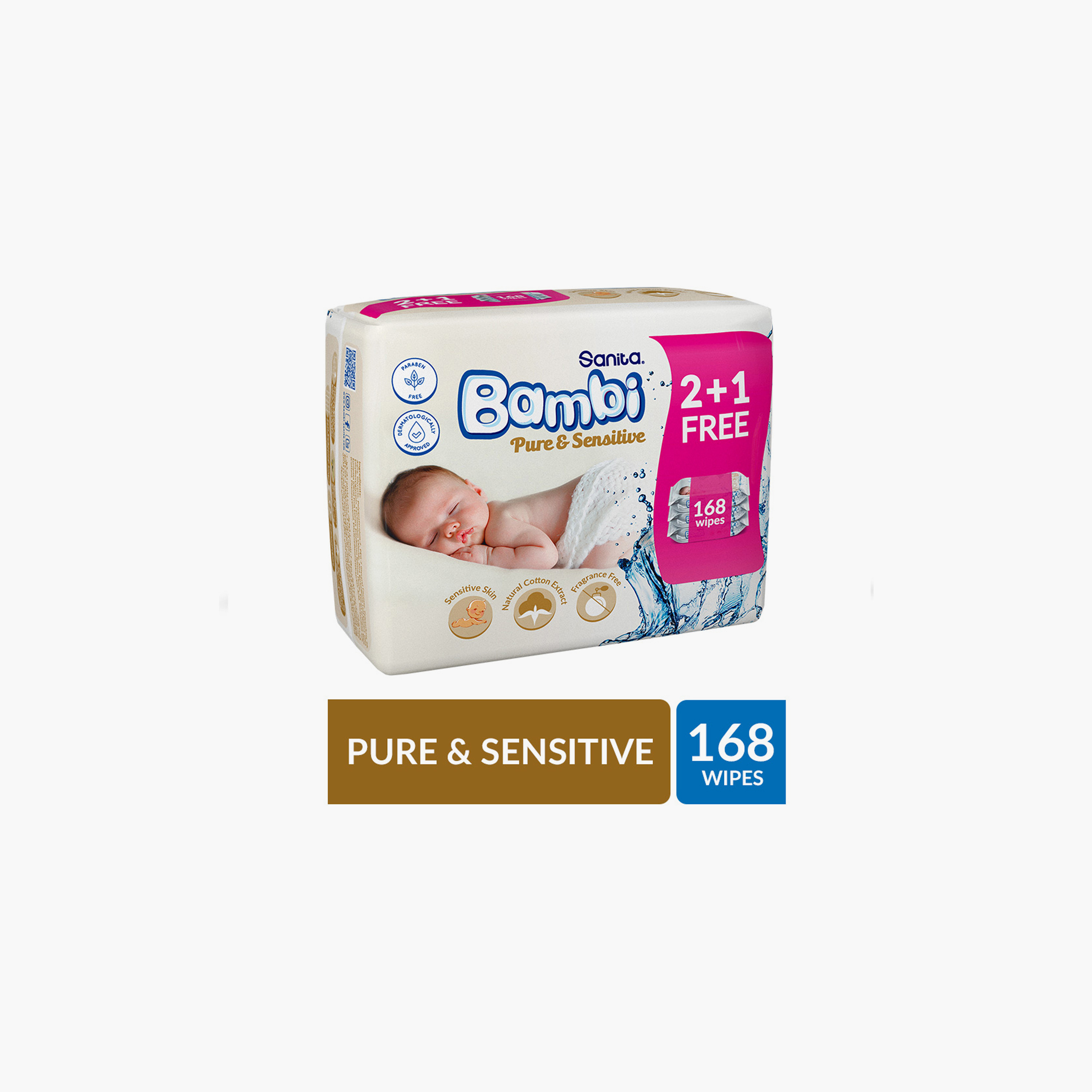 مناديل مبللة  بيور اند سينسيتيف 168 قطعة - (2+1) من سانيتا بامبي-baby-diapering-babywipes-image-4