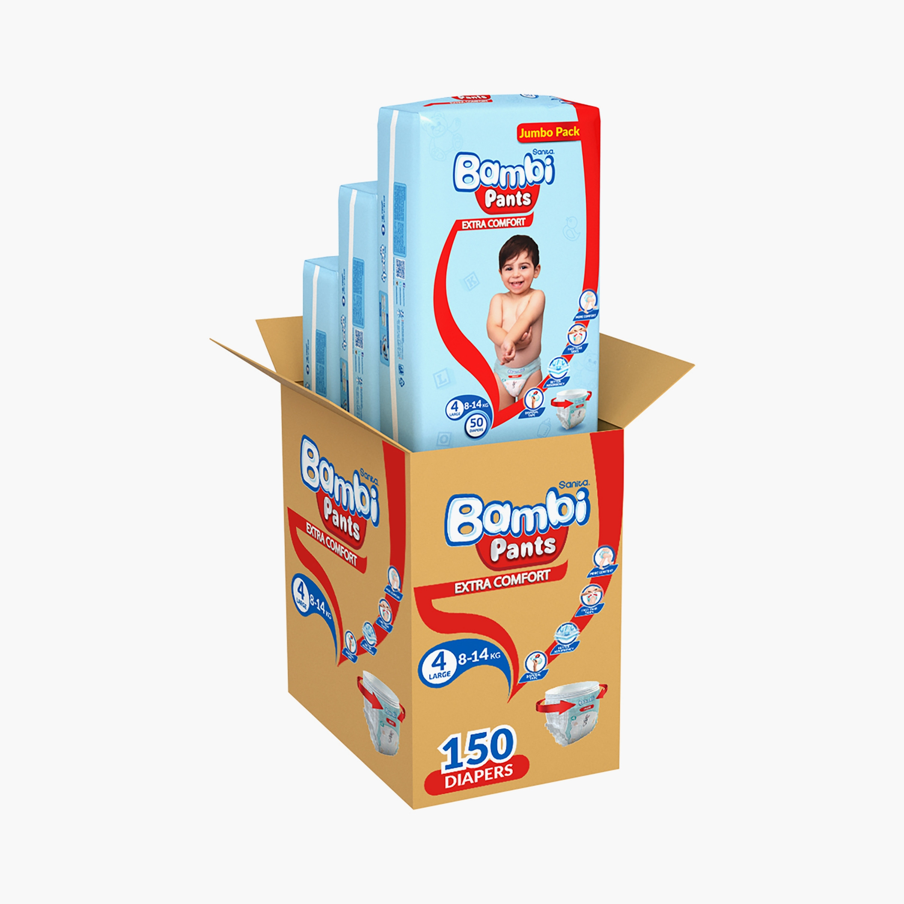 مجموعة من 3 حفاضات إكسترا كومفورت علي شكل البنطلون  من سانيتا بامبي - عبوة جامبو  150 قطعة - مقاس 4 - كبير-baby-diapering-diapers-image-6