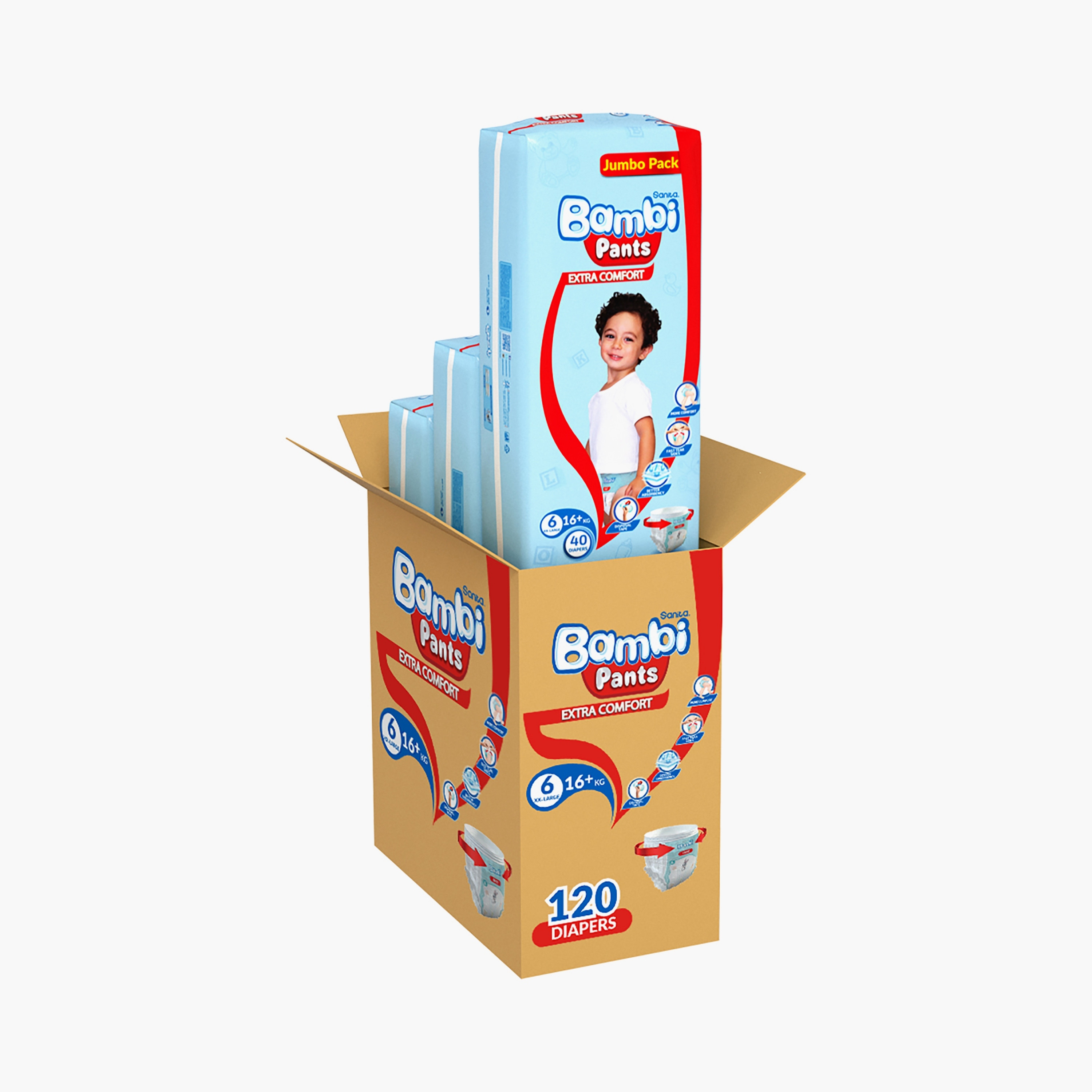 مجموعة من 3 حفاضات إكسترا كومفورت علي شكل بنطلون من سانيتا بامبي - عبوة جامبو 120 قطعة - مقاس 6 - XXL-baby-diapering-diapers-image-6