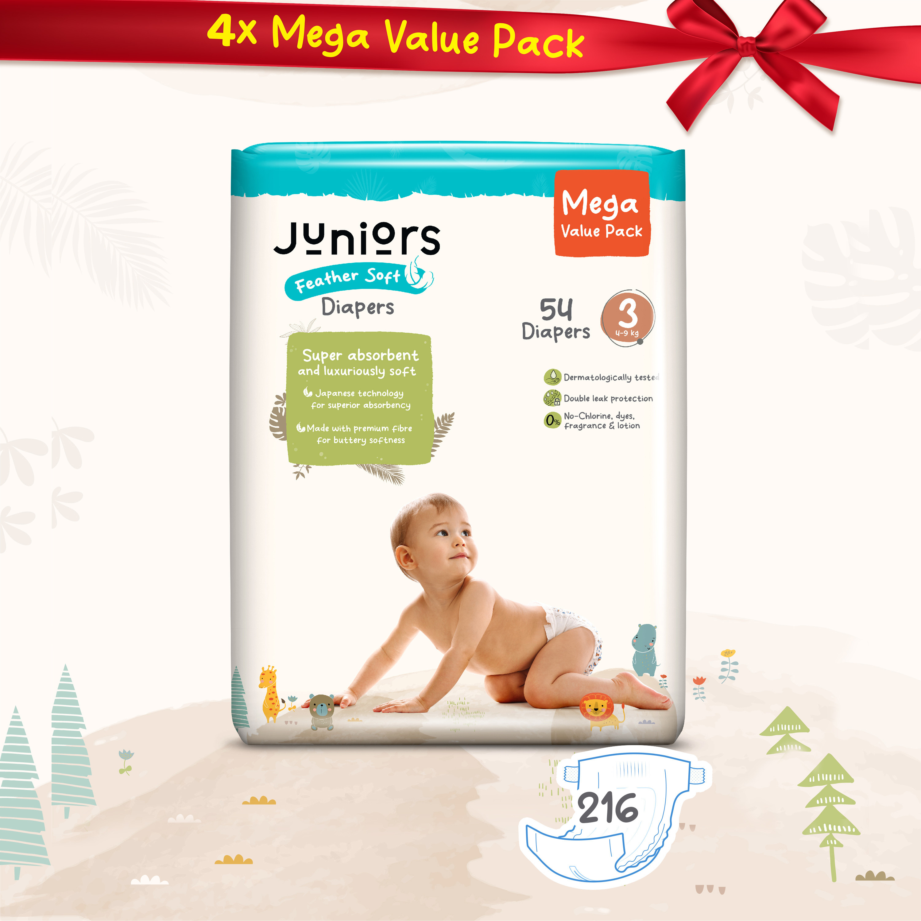 عبوة حفّاضات بشريط لاصق 216 قطعة نعومة الريش مقاس 3 (4-9 كجم) من جونيورز-baby-diapering-diapers-image-1