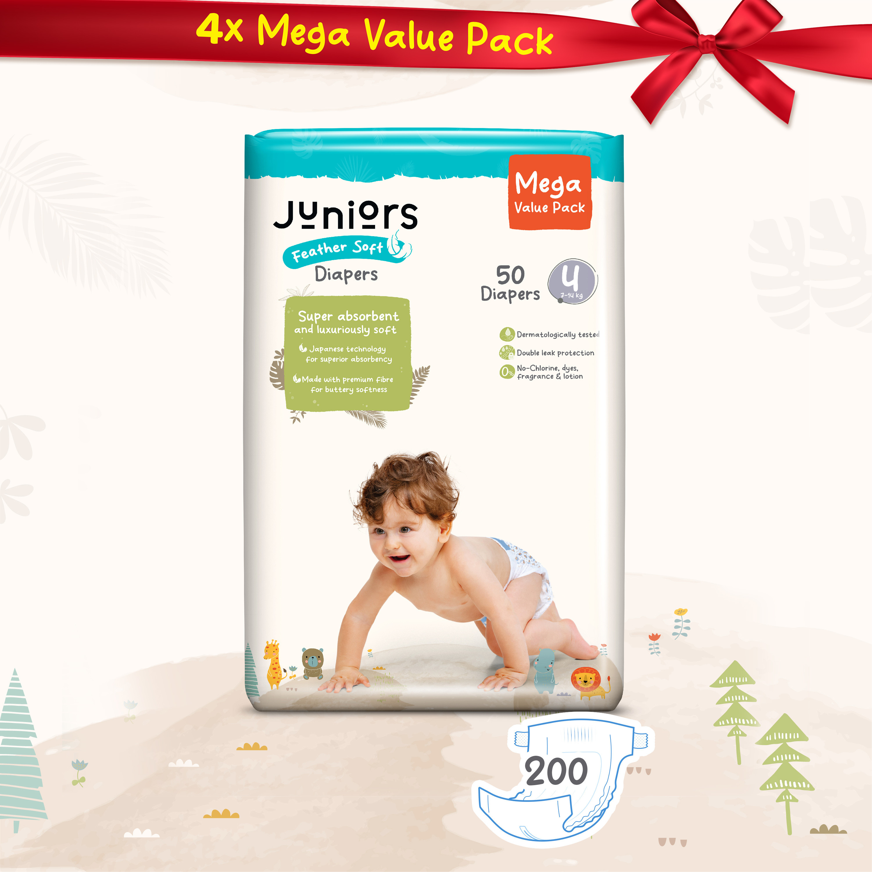عبوة حفّاضات بشريط لاصق 200 قطعة نعومة الريش مقاس 4 (7-14 كجم) من جونيورز-baby-diapering-diapers-image-1