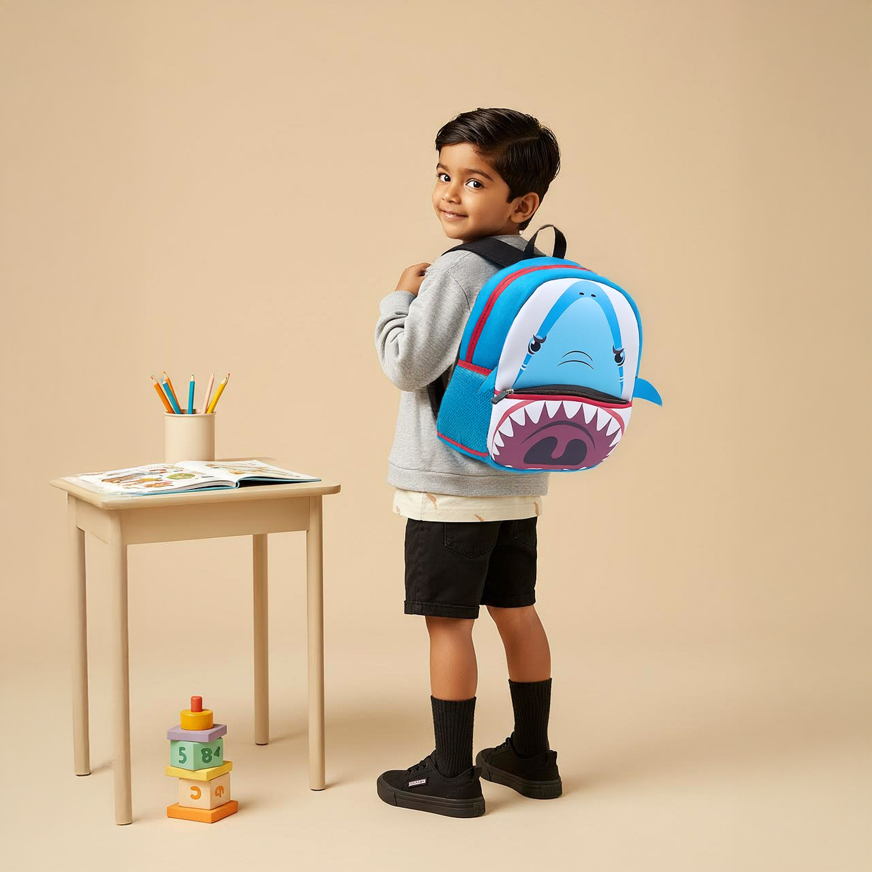 Juniors Shark Print Backpack with Adjustable Straps and Zip Closure - 13 inches-school-bagsandbackpacks-backpacks-image-2