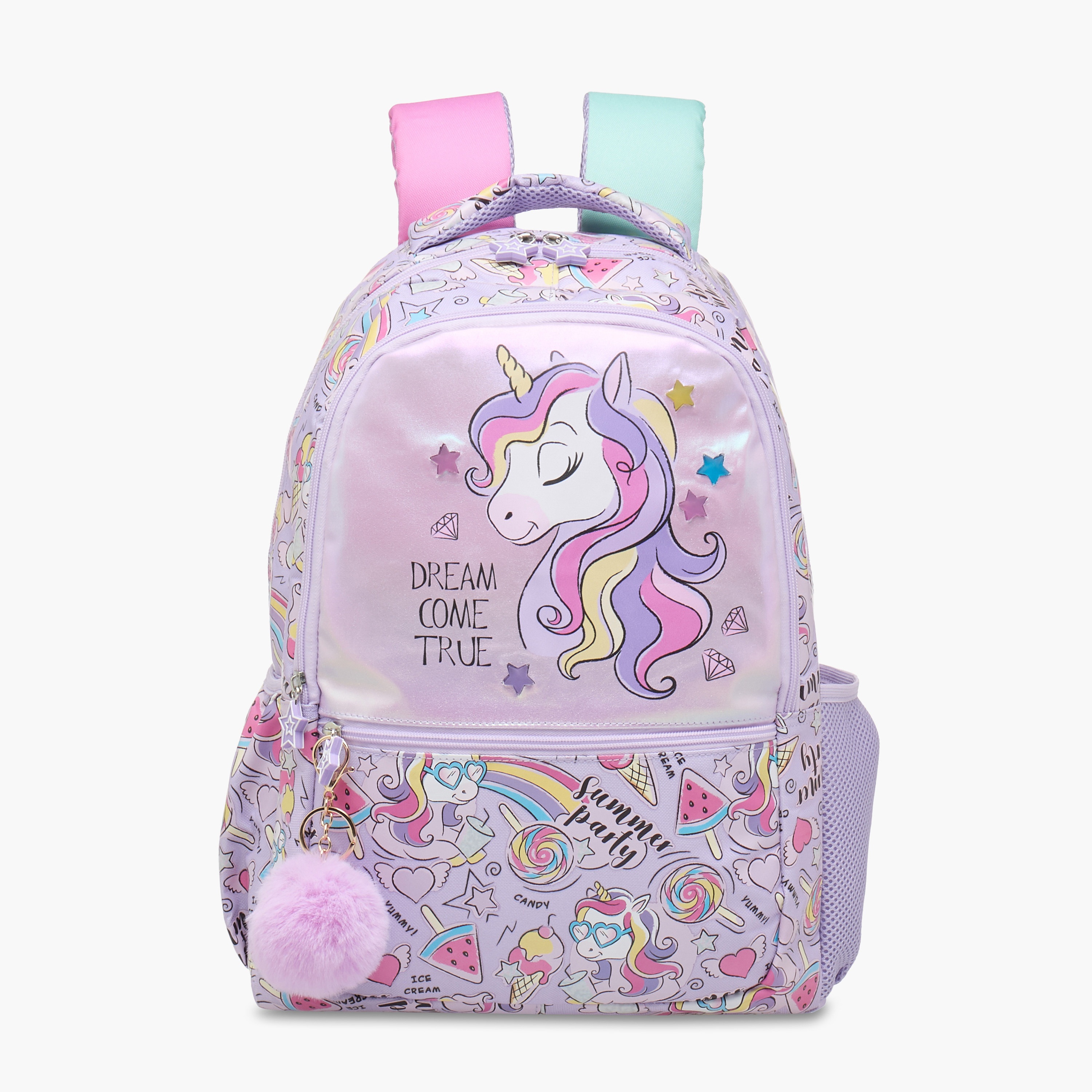 Juniors Unicorn Print Backpack with Adjustable Straps and Pom-Pom Charm - 16 inches-school-bagsandbackpacks-backpacks-image-1