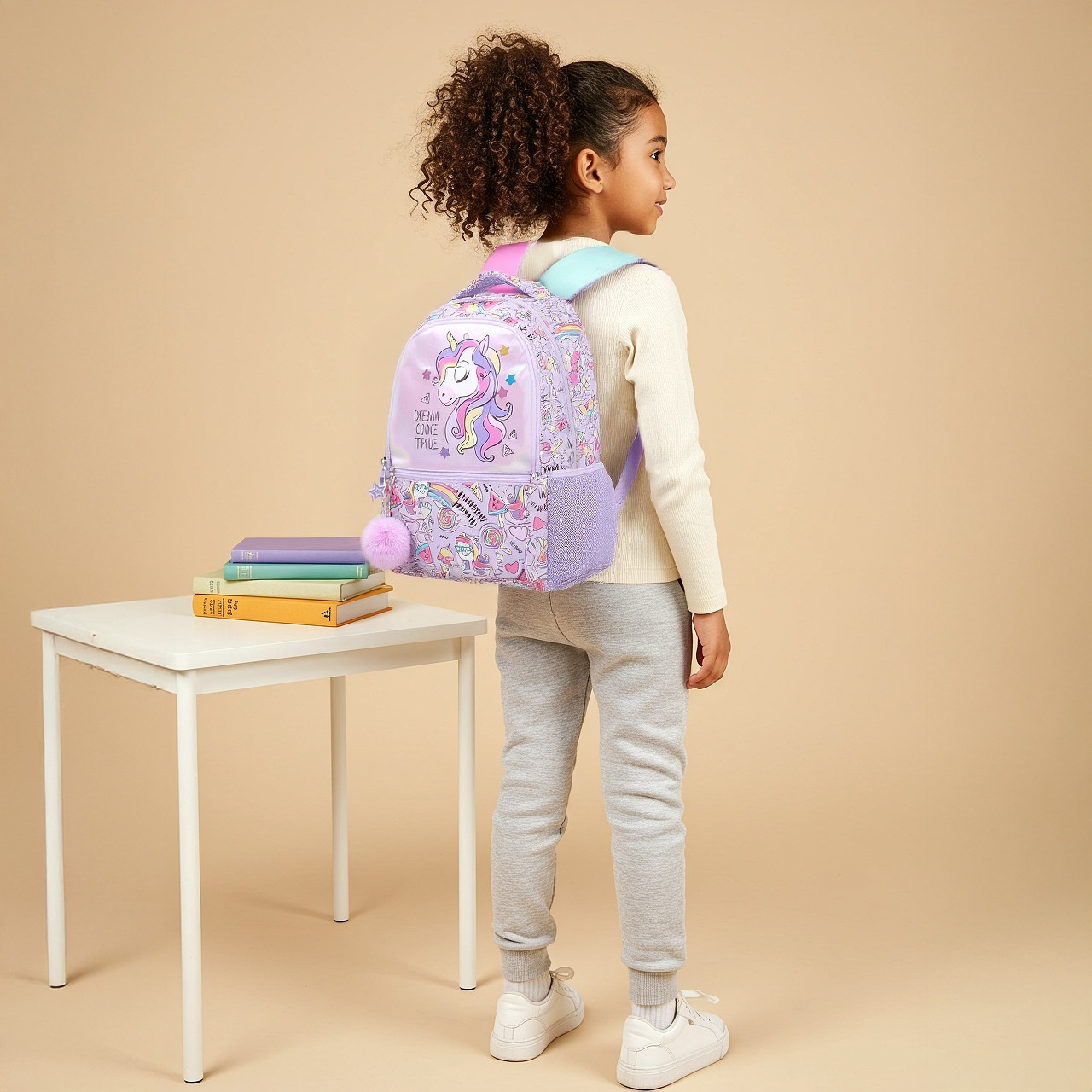 Juniors Unicorn Print Backpack with Adjustable Straps and Pom-Pom Charm - 16 inches-school-bagsandbackpacks-backpacks-image-3