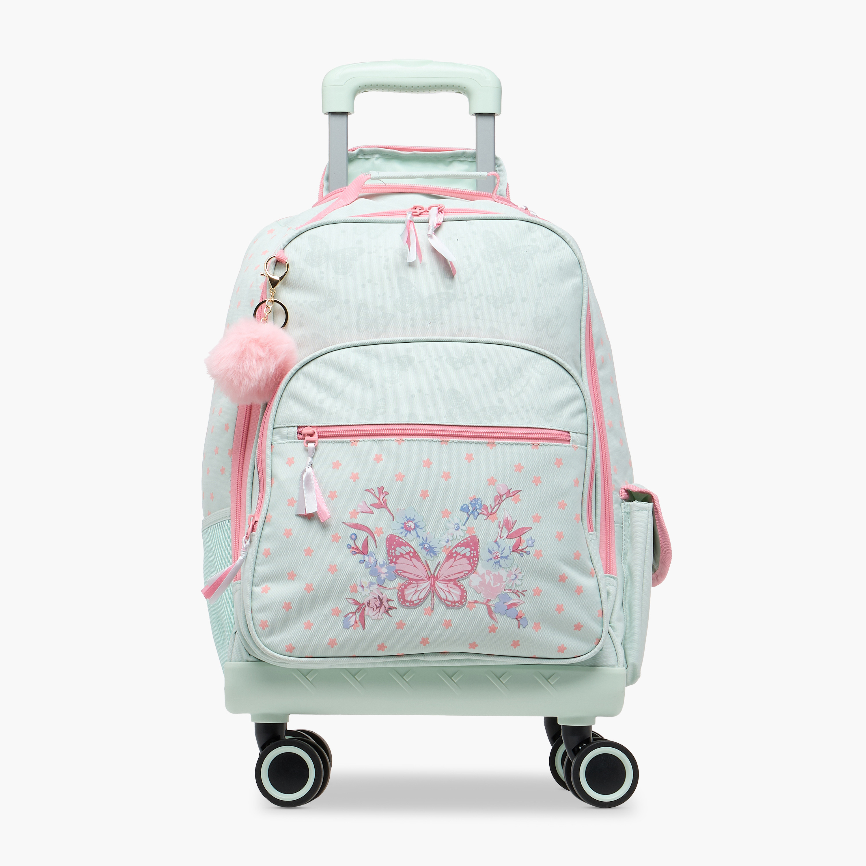 Juniors Butterfly Print Trolley Backpack with Retractable Handle and Zip Closure - 18 Inches-school-bagsandbackpacks-trolleybags-image-1