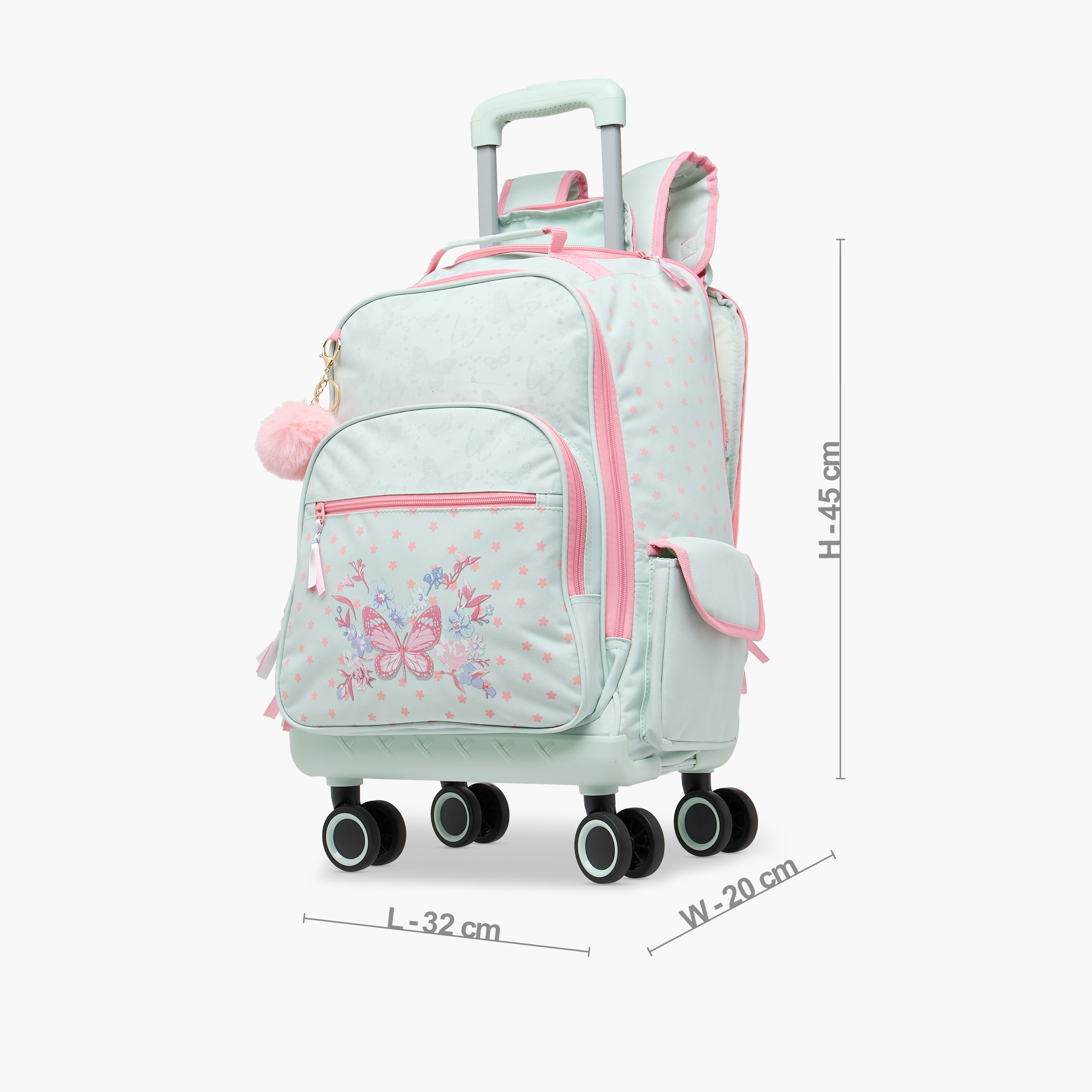 Juniors Butterfly Print Trolley Backpack with Retractable Handle and Zip Closure - 18 Inches-school-bagsandbackpacks-trolleybags-image-2