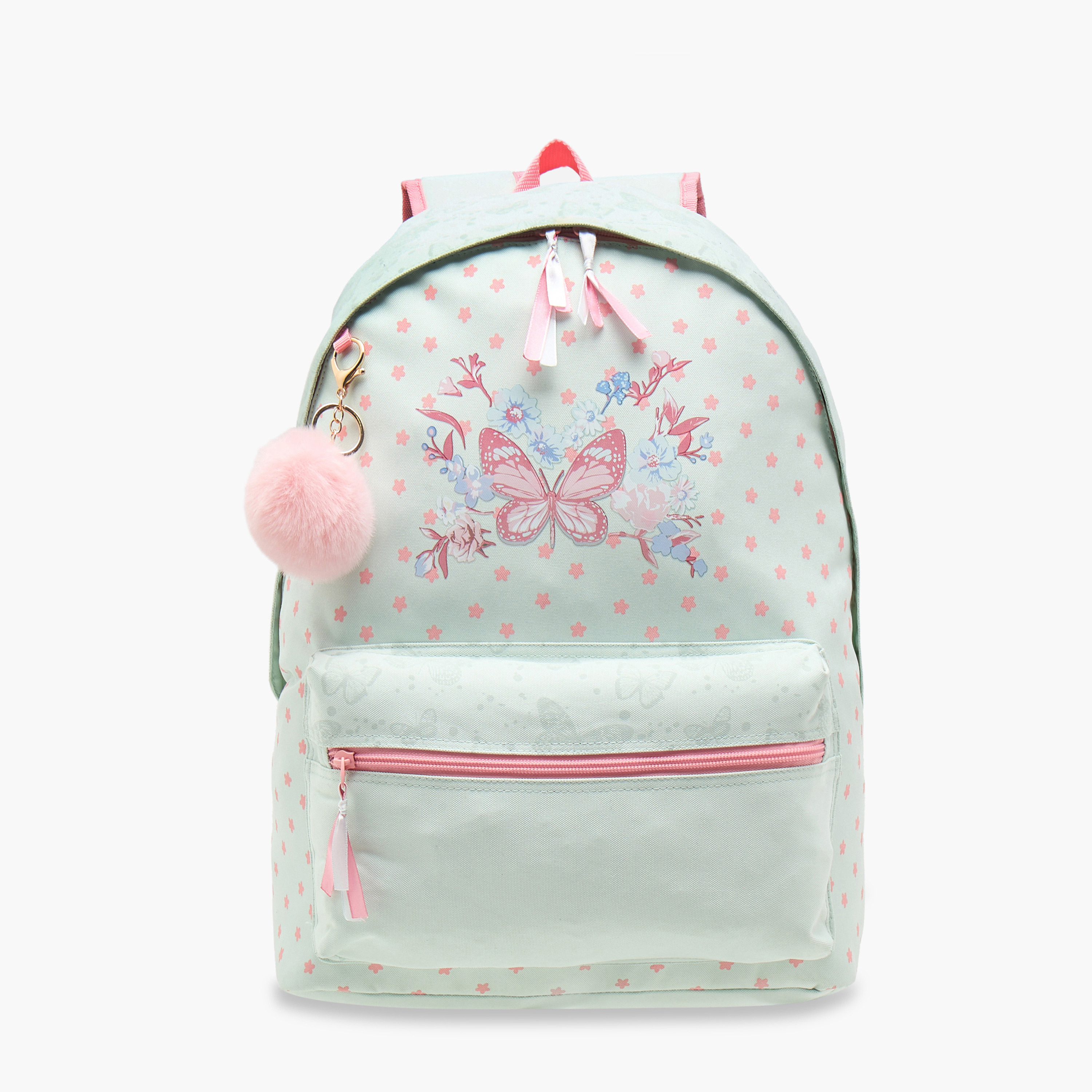 Juniors Butterfly Print Backpack with Adjustable Shoulder Straps and Zip Closure - 18 inches-school-bagsandbackpacks-backpacks-image-1