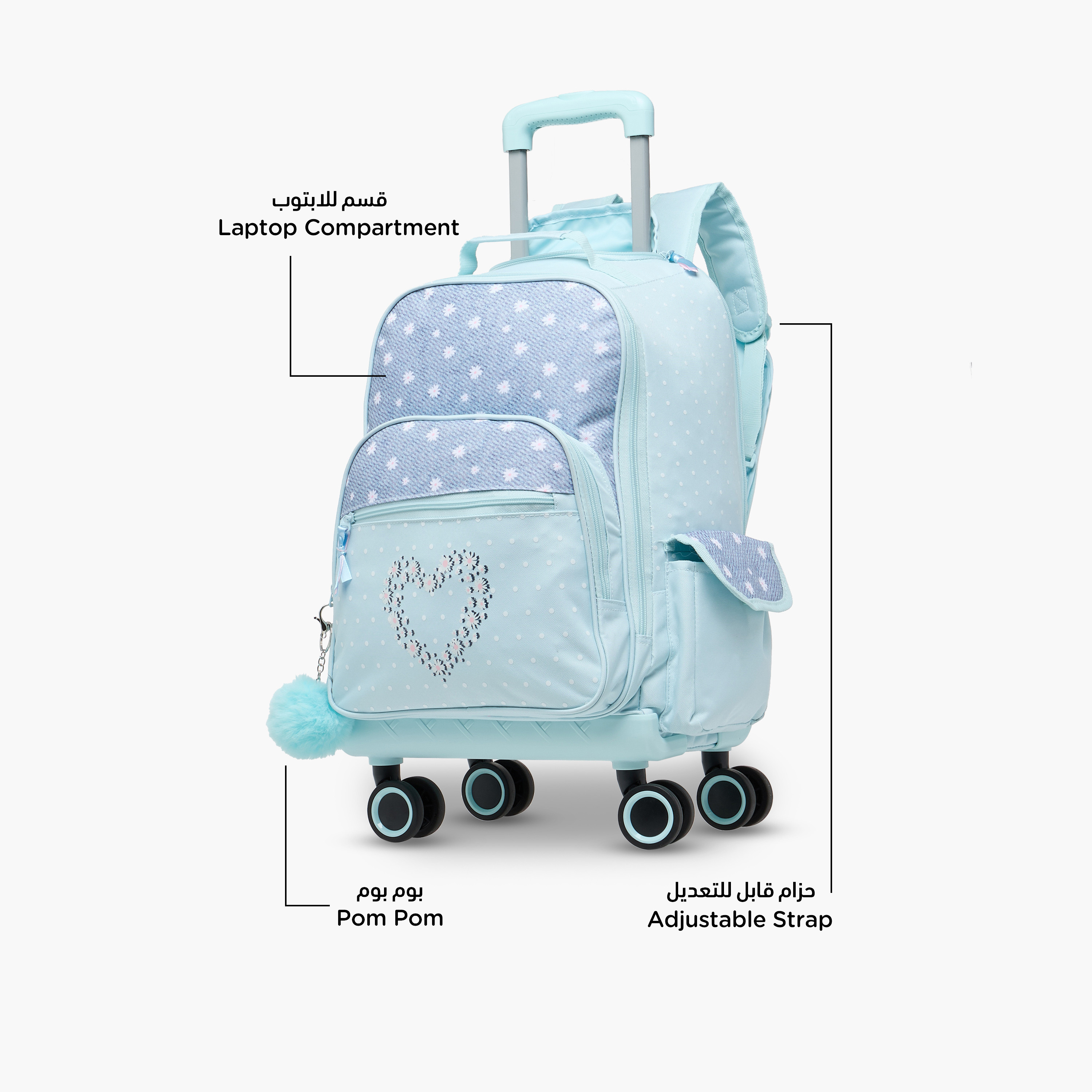 Juniors Heart Print Trolley Backpack with Retractable Handle and Zip Closure - 18 Inches-school-bagsandbackpacks-trolleybags-image-6