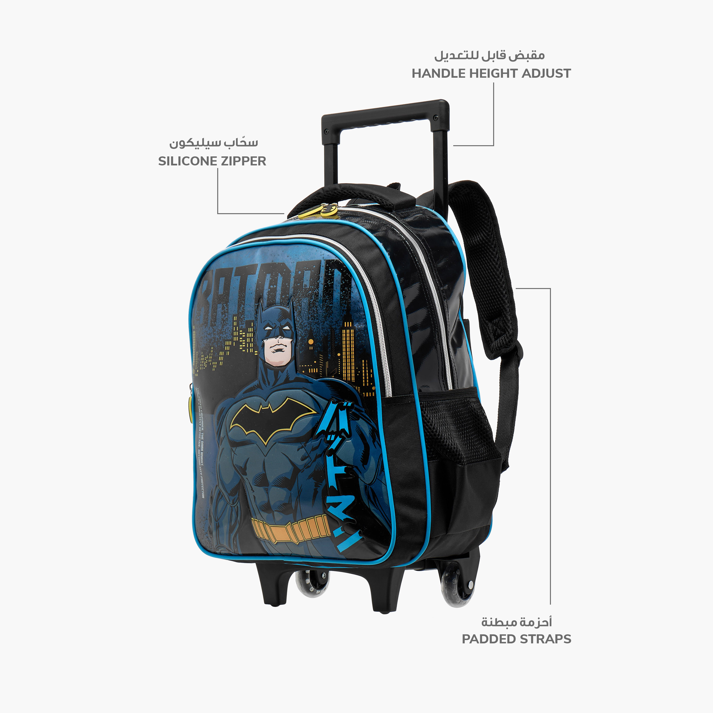 Warner Bros Batman Trolley Bag for Boys 5-8 Years with Padded Shoulder Straps -school-bagsandbackpacks-trolleybags-image-8