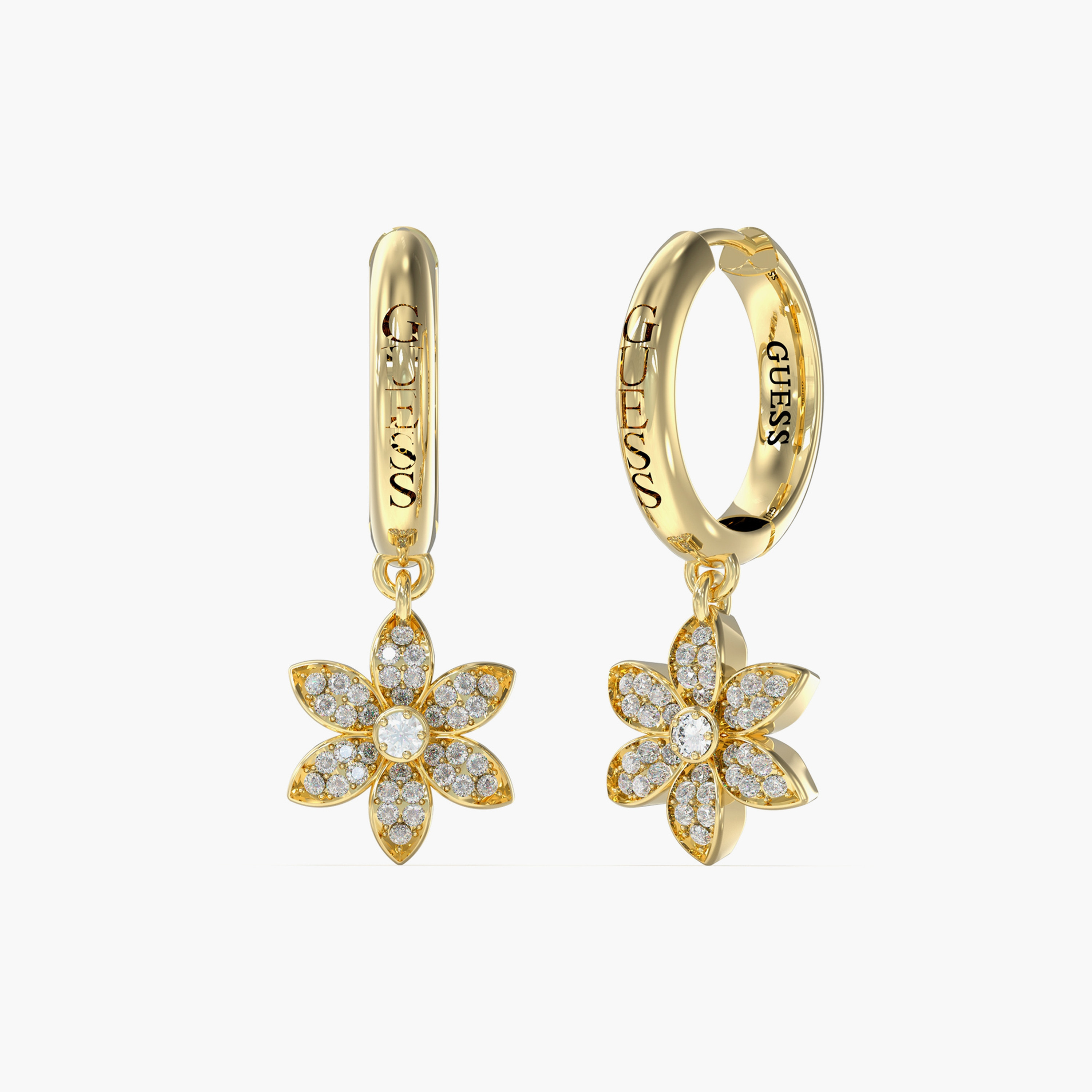 Guess 30MM Pave Flower Huggies Gold Earrings Steel | JUBE04149JWYGT/U-women-watchesandjewellery-jewellery-earrings-image-1