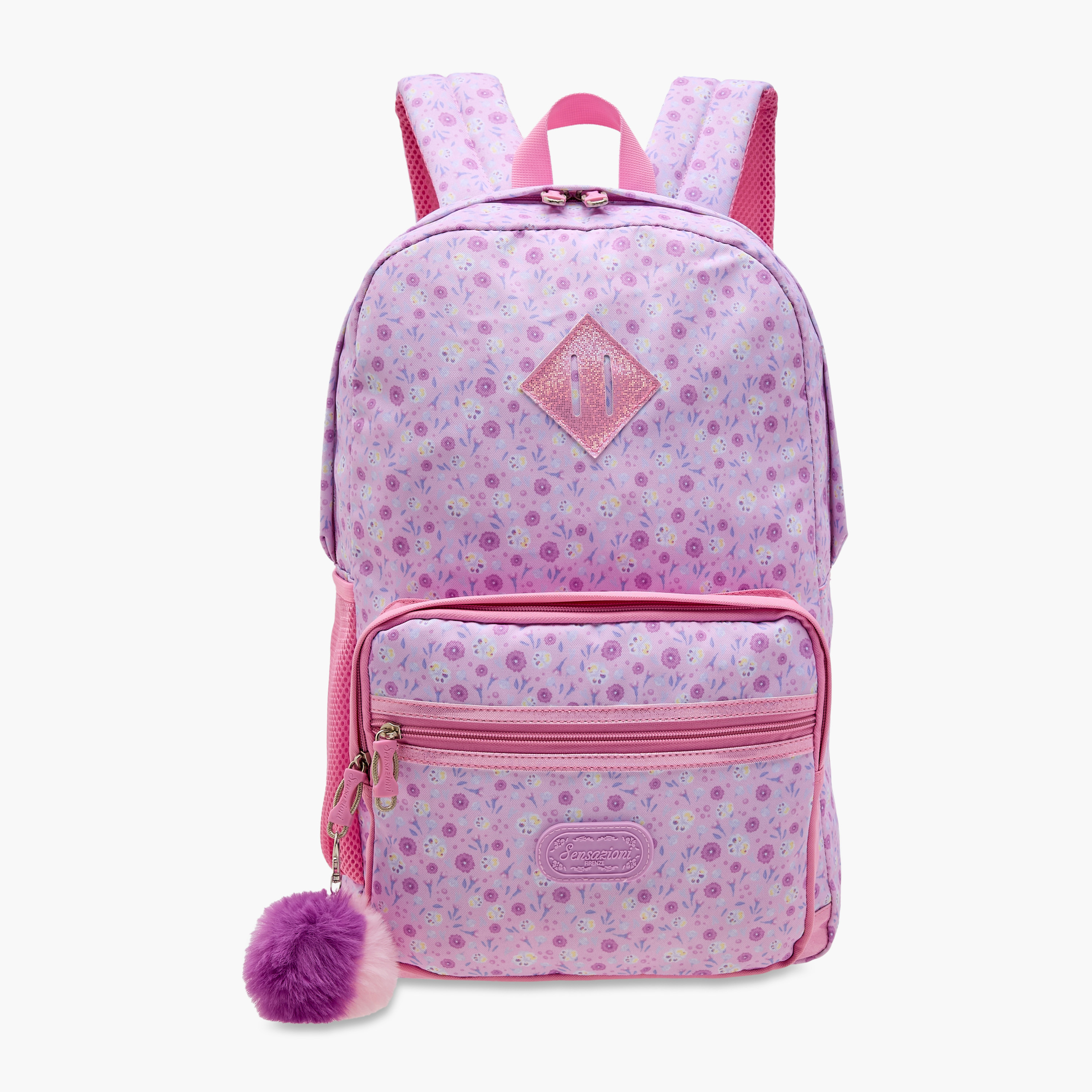 Sensazioni Floral Print Backpack with Pom-Pom Charm and Zip Closure - 30x15x45 cms-school-bagsandbackpacks-backpacks-image-1
