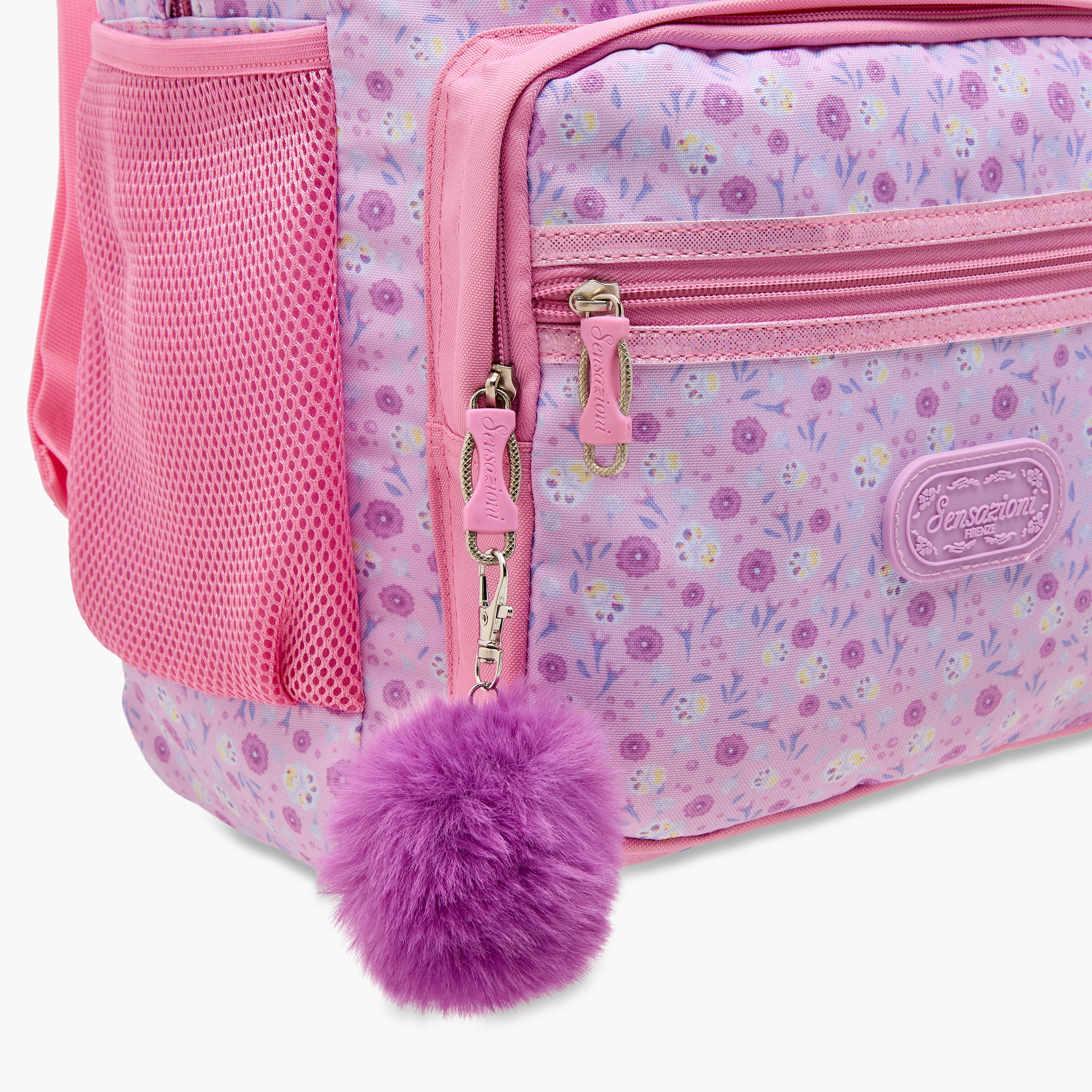 Sensazioni Floral Print Backpack with Pom-Pom Charm and Zip Closure - 30x15x45 cms-school-bagsandbackpacks-backpacks-image-8