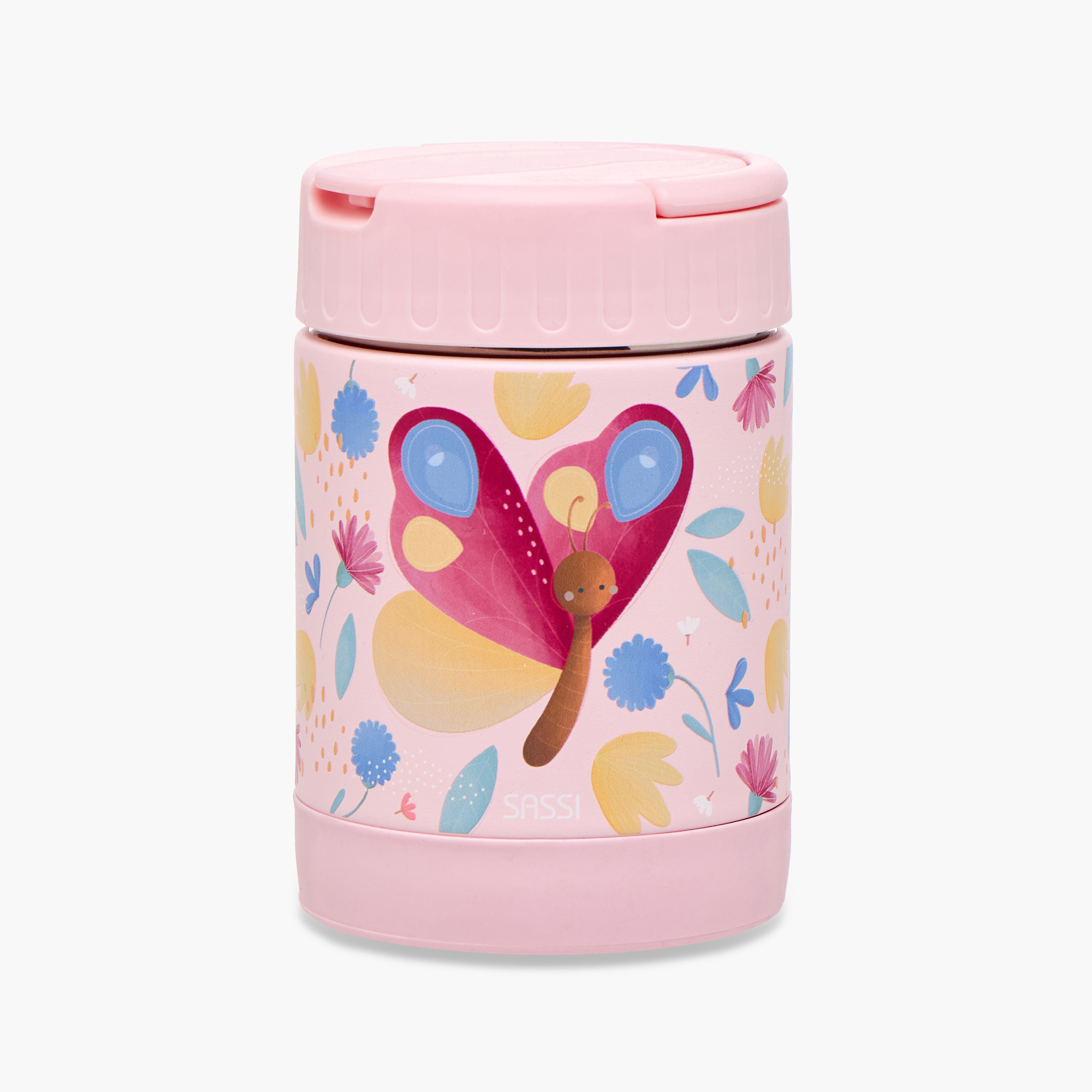 جرة طعام ستانلس ستيل بطبعات فراشة ومقبض من ساسي - 350 مل-school-lunchessentials-lunchboxes-image-1