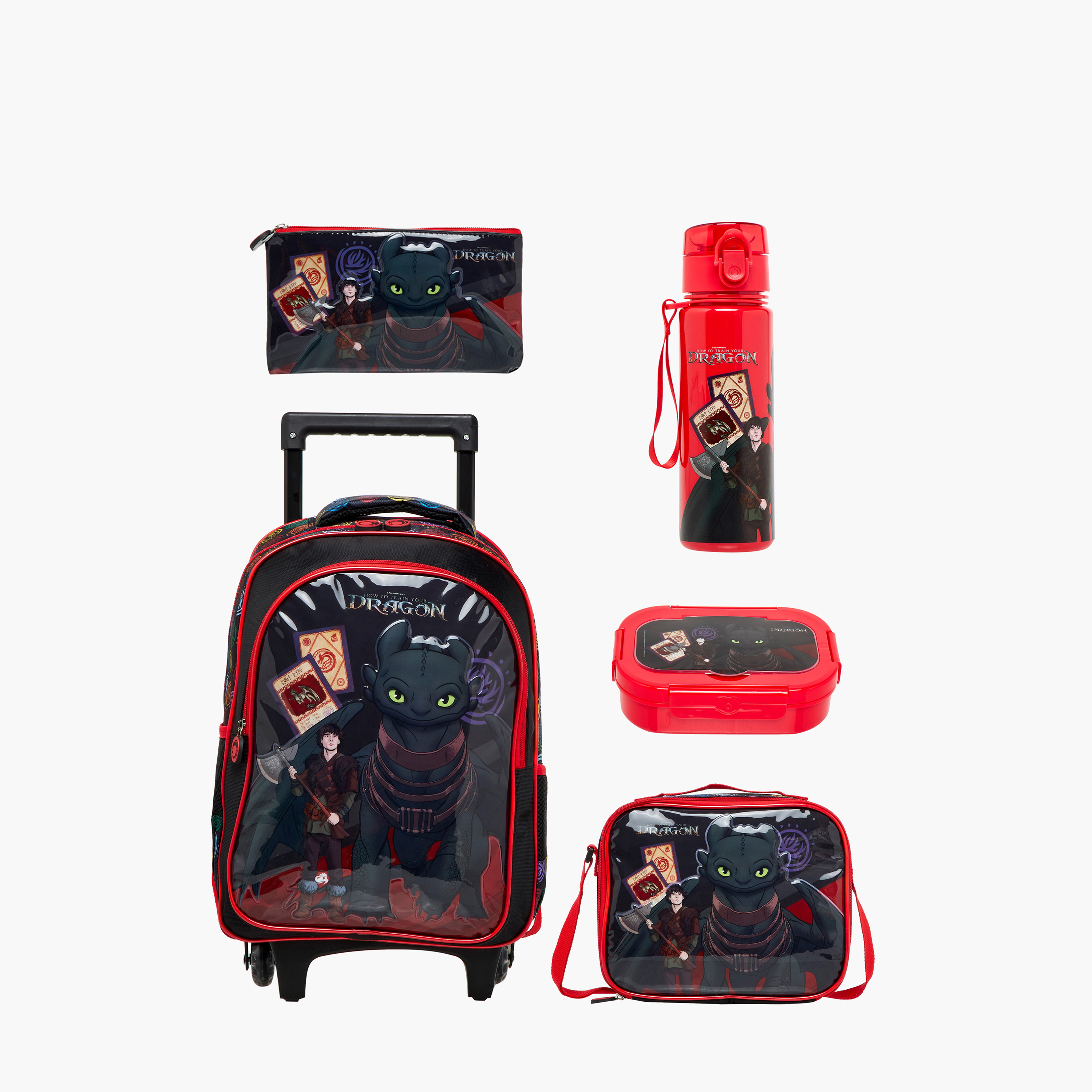 How to Train Your Dragon Print 5-Piece Trolley Backpack set - 16 inches-school-bagsandbackpacks-trolleybags-image-1