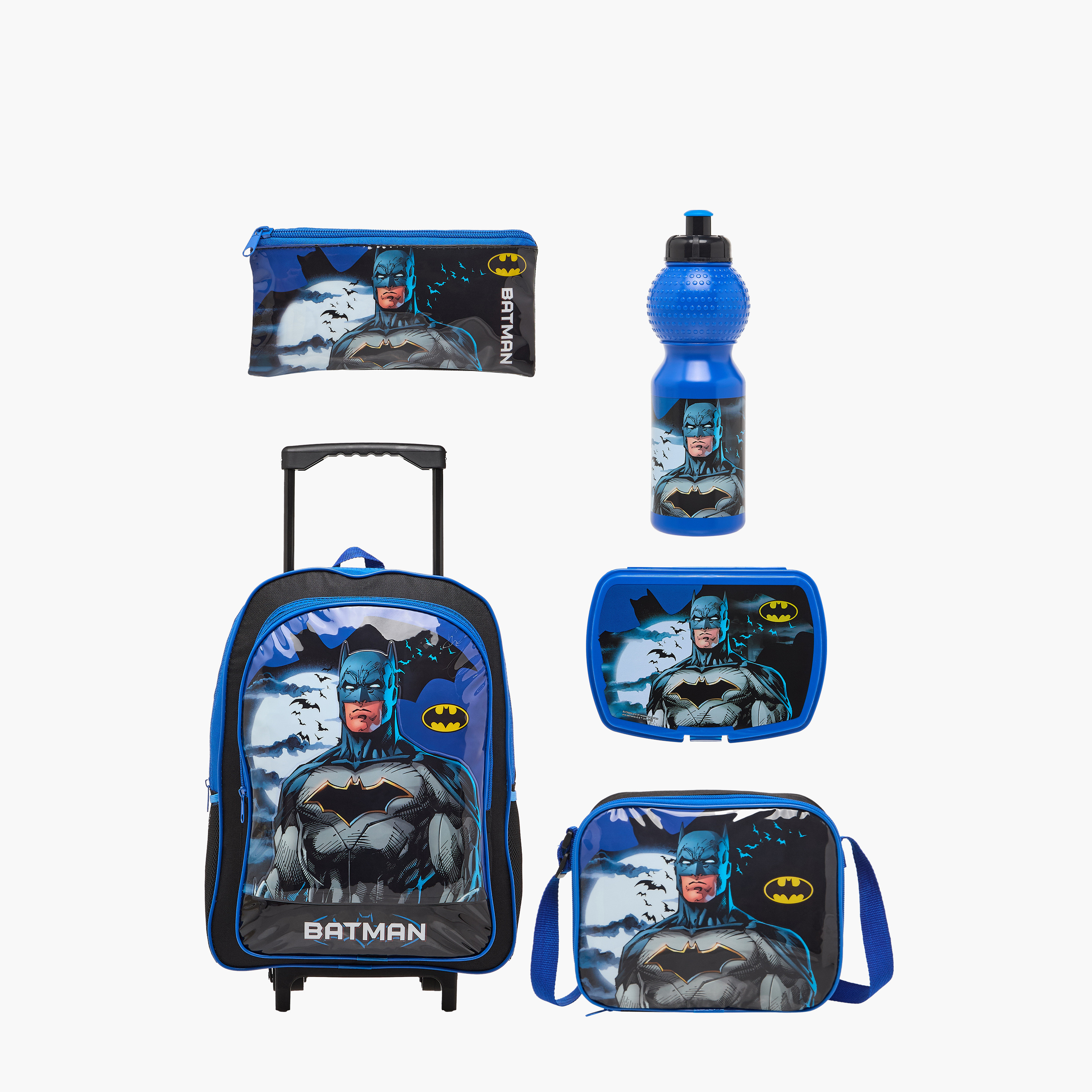 طقم شنطة ترولي مدرسية 5 قطع للأولاد 5-8 سنوات مع شنطة غداء ومقلمة بتصميم باتمان من وارنر براذرز-school-bagsandbackpacks-trolleybags-image-9