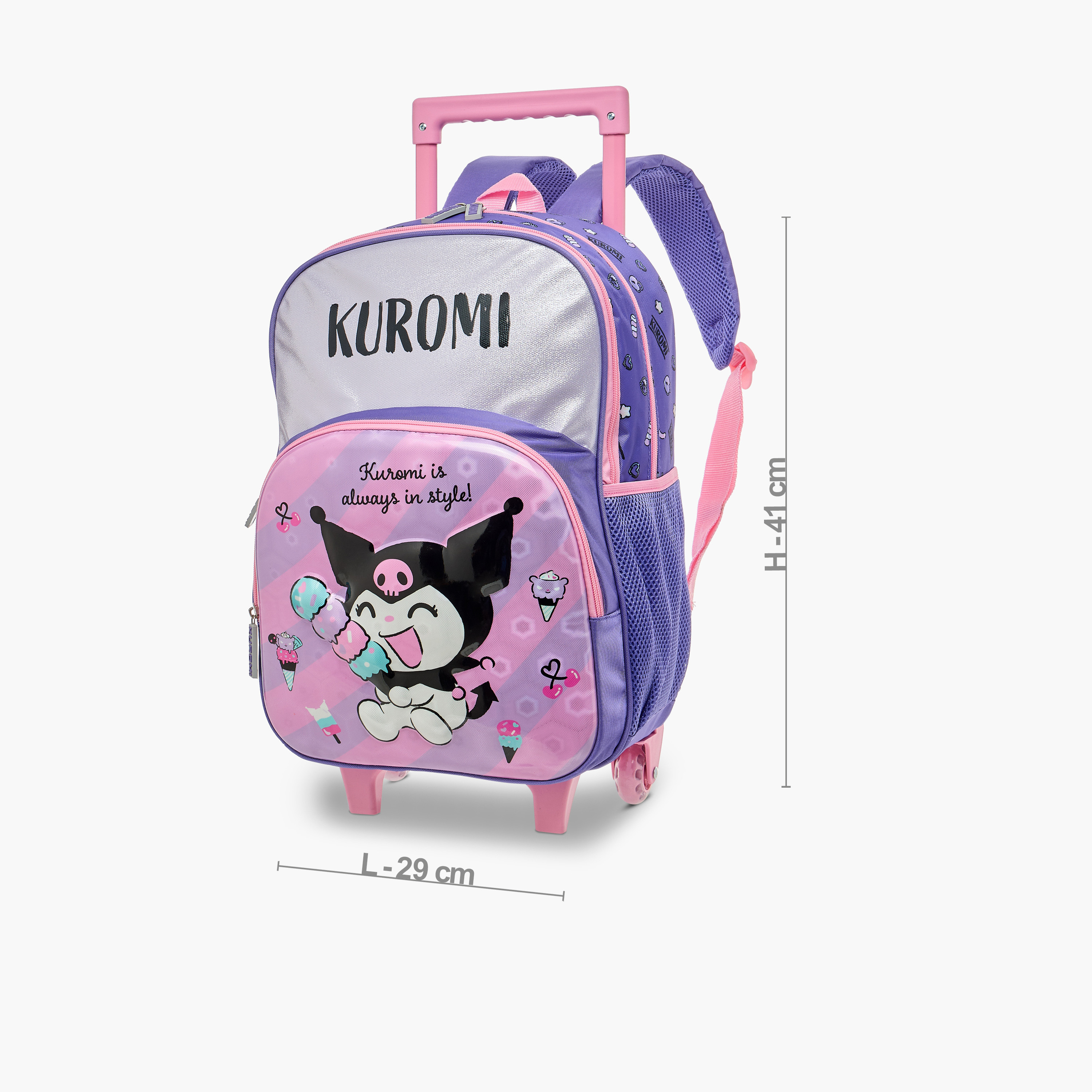 Kuromi Print Trolley Backpack with Retractable Handle - 16 inches-school-bagsandbackpacks-trolleybags-image-2