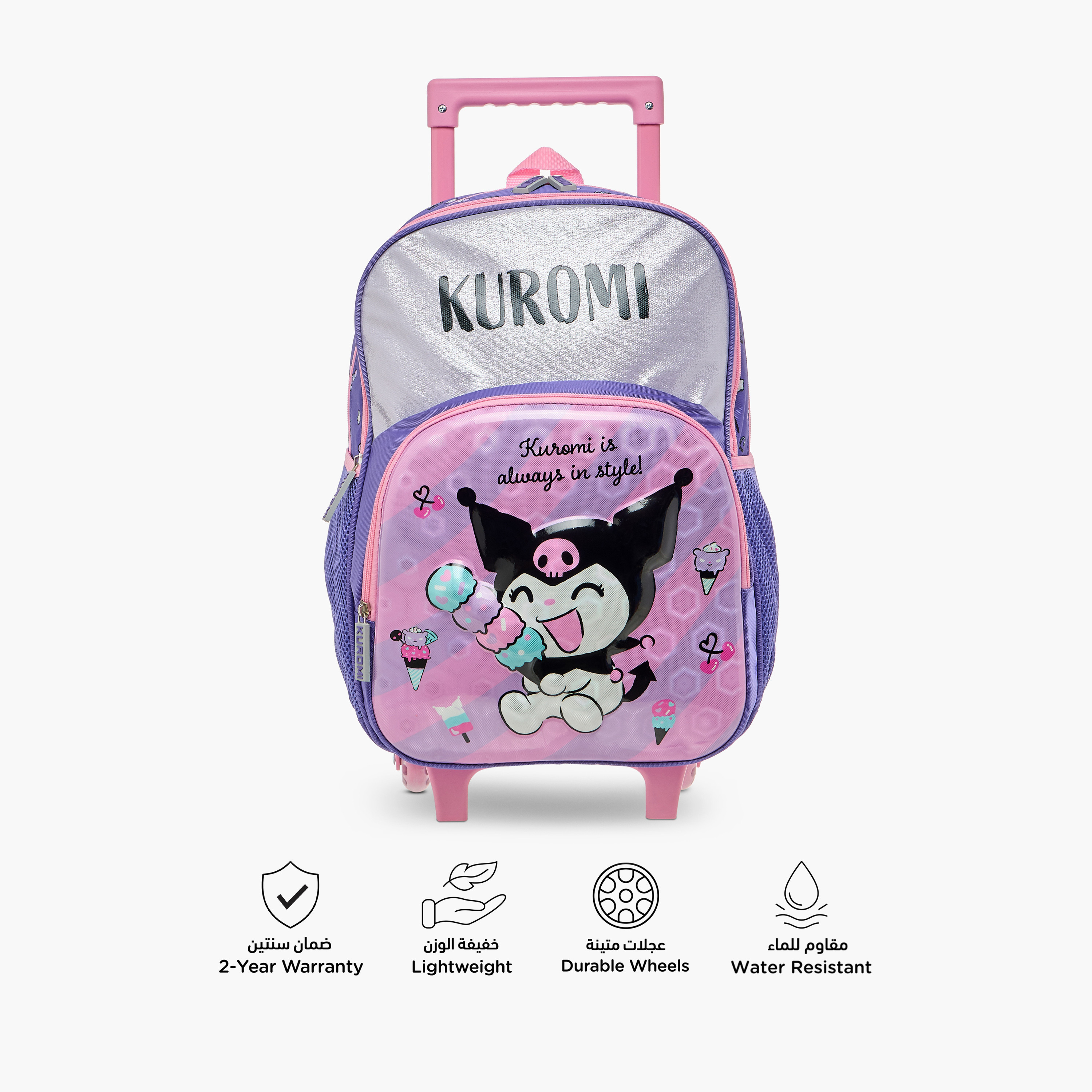 Kuromi Print Trolley Backpack with Retractable Handle - 16 inches-school-bagsandbackpacks-trolleybags-image-4