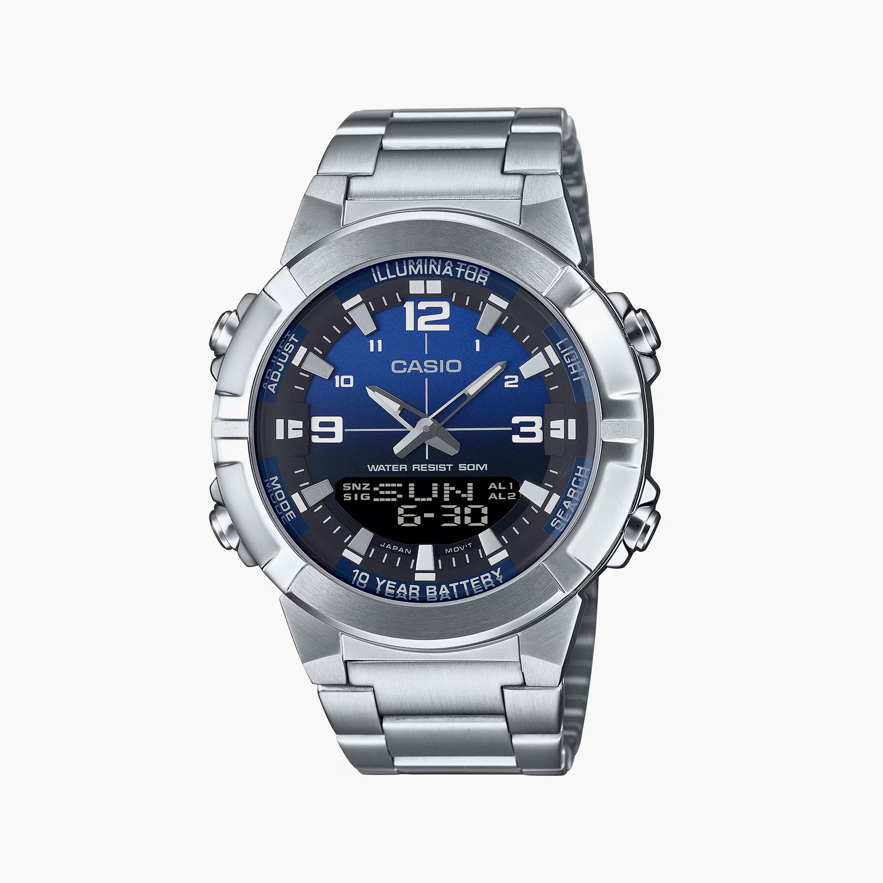 Casio Men's 44 MM Silver Analog-Digital Stainless Steel Strap Watch | AMW-870DA-2A1VDF-men-watchesandjewellery-watches-image-1