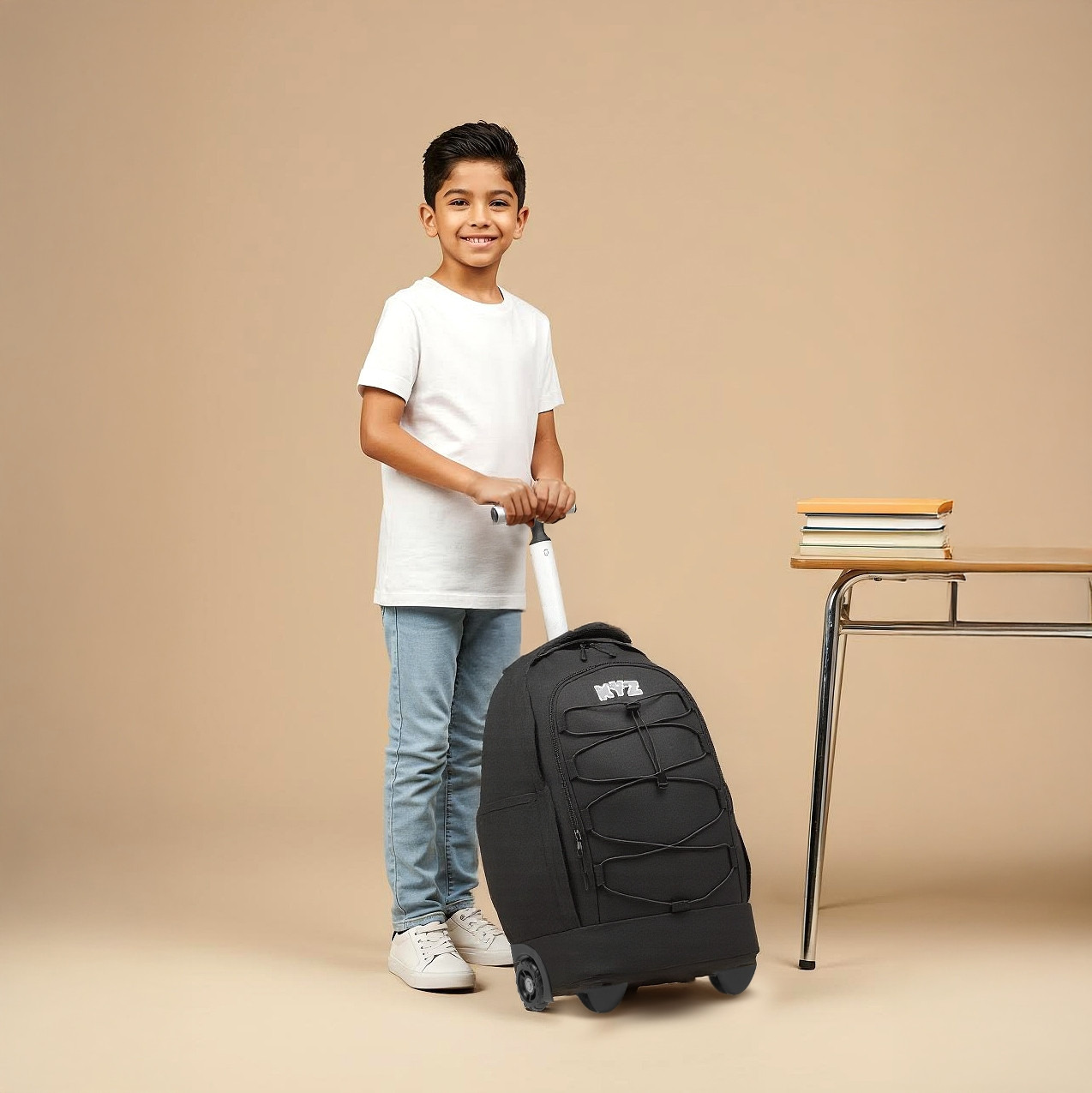 شنطة ترولي للأطفال 8-13 سنة بحزام قابل للتعديل وتصميم مونوجرام من إكس واي زد-school-bagsandbackpacks-trolleybags-image-3