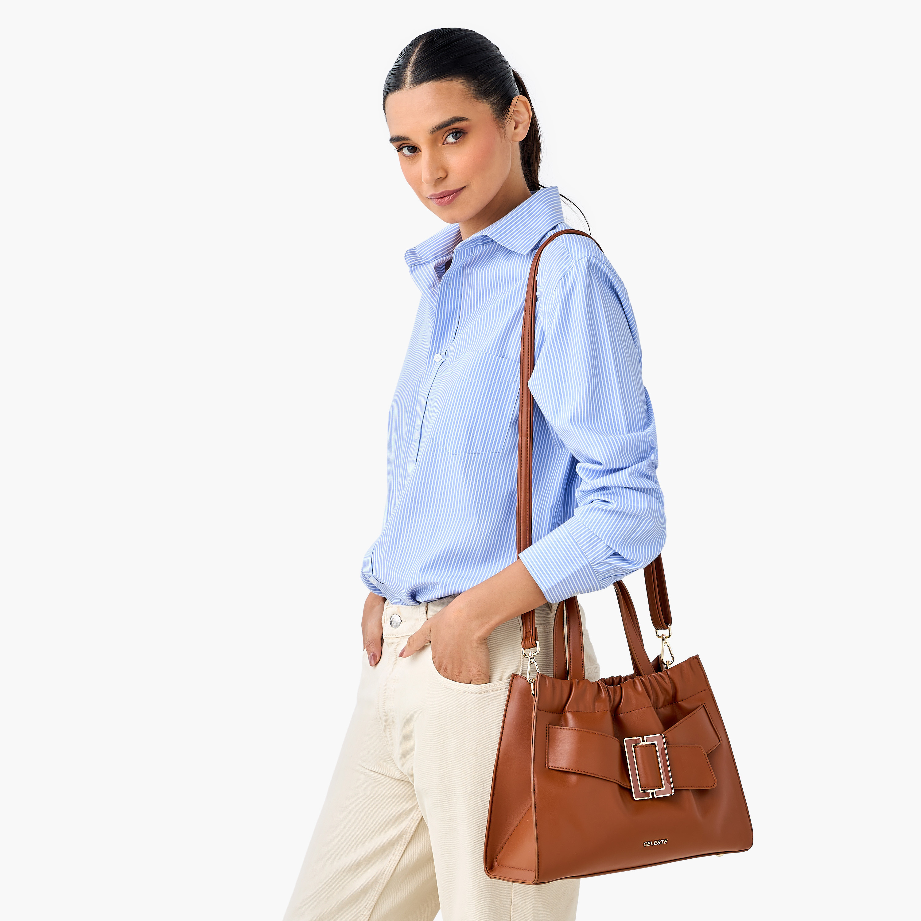Celeste Buckle Detail Tote Bag with Adjustable Strap and Zip Closure-women-bagsandwallets-handbags-image-3