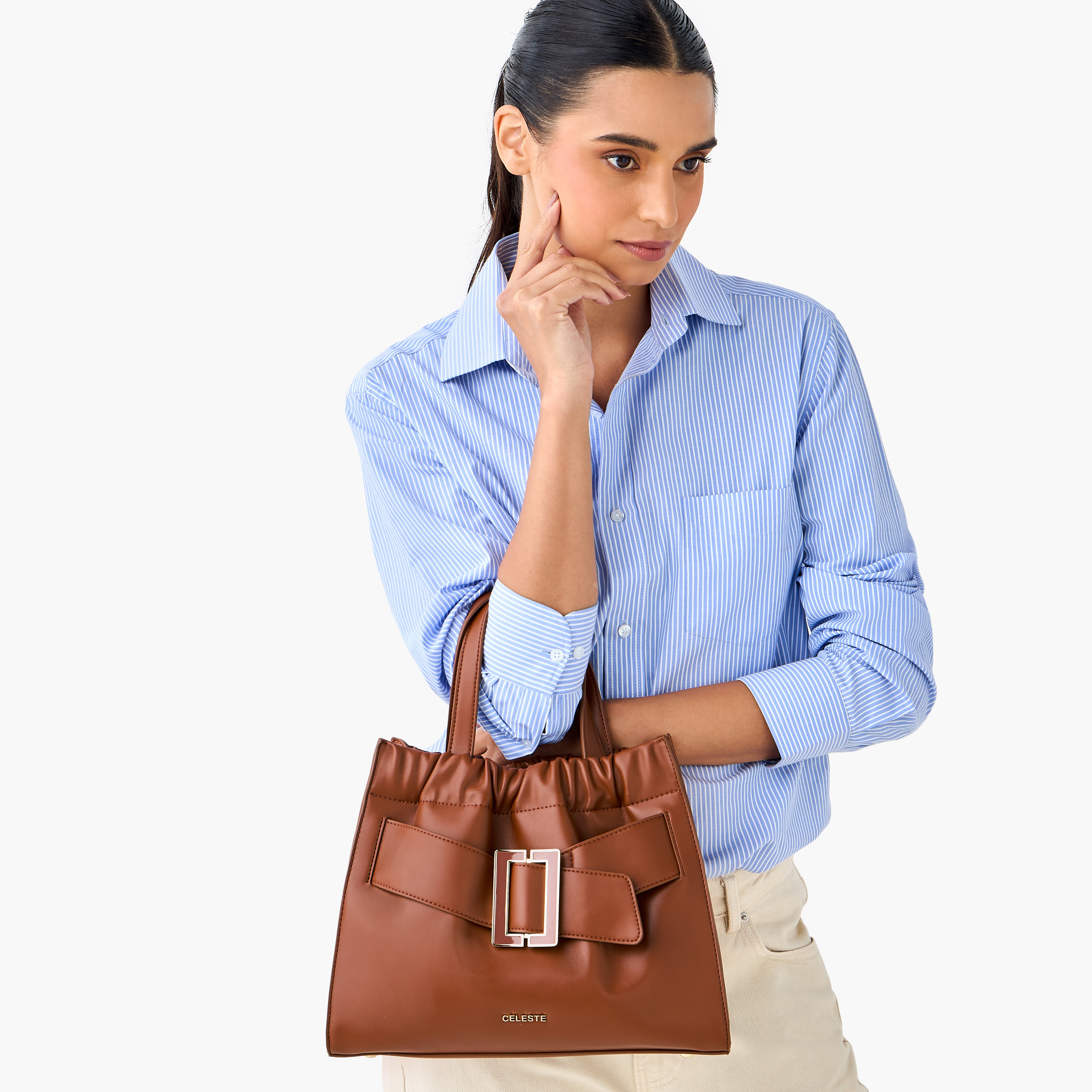Celeste Buckle Detail Tote Bag with Adjustable Strap and Zip Closure-women-bagsandwallets-handbags-image-9
