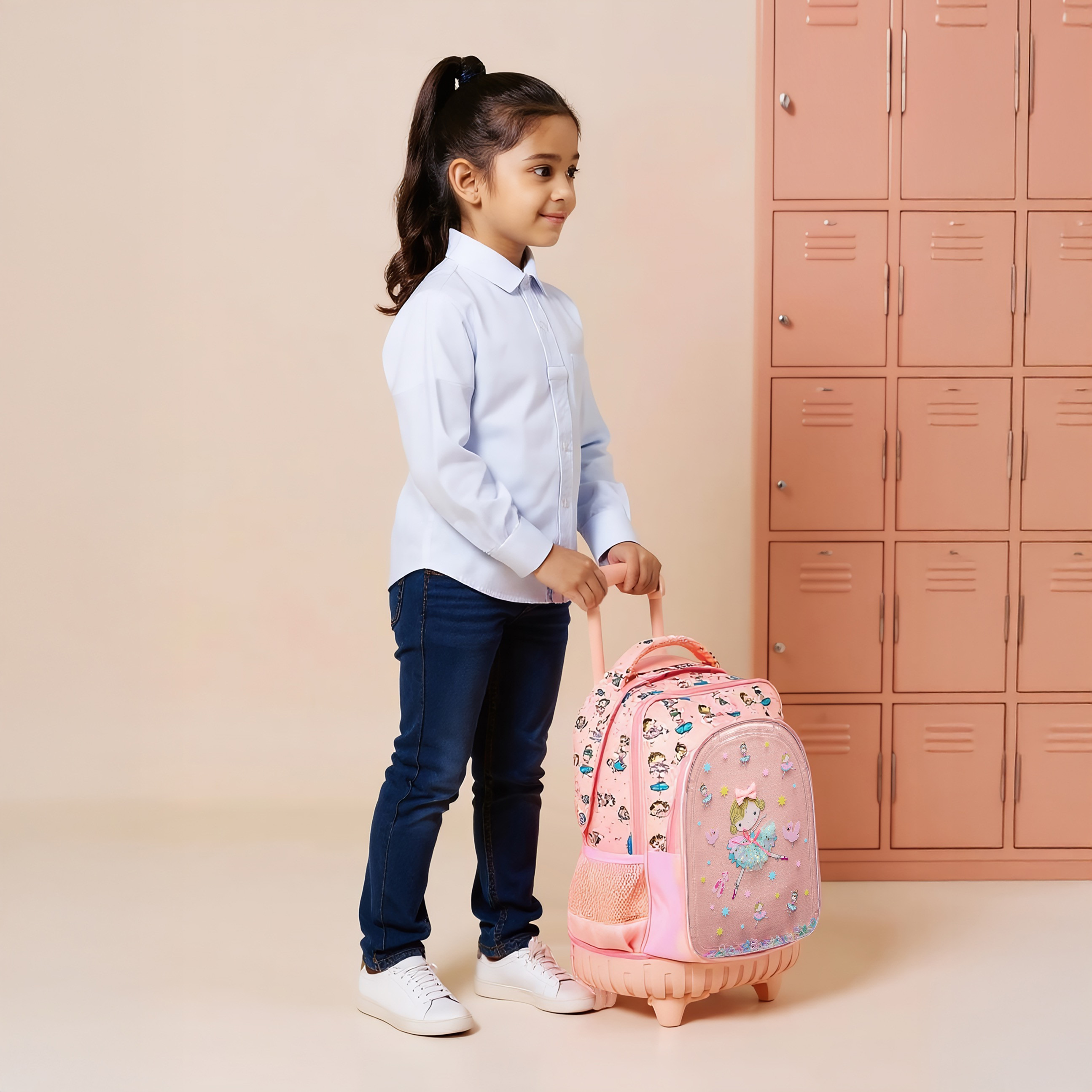 Ballerina Print Trolley Backpack with Retractable Handle - 17 inches-school-bagsandbackpacks-trolleybags-image-2