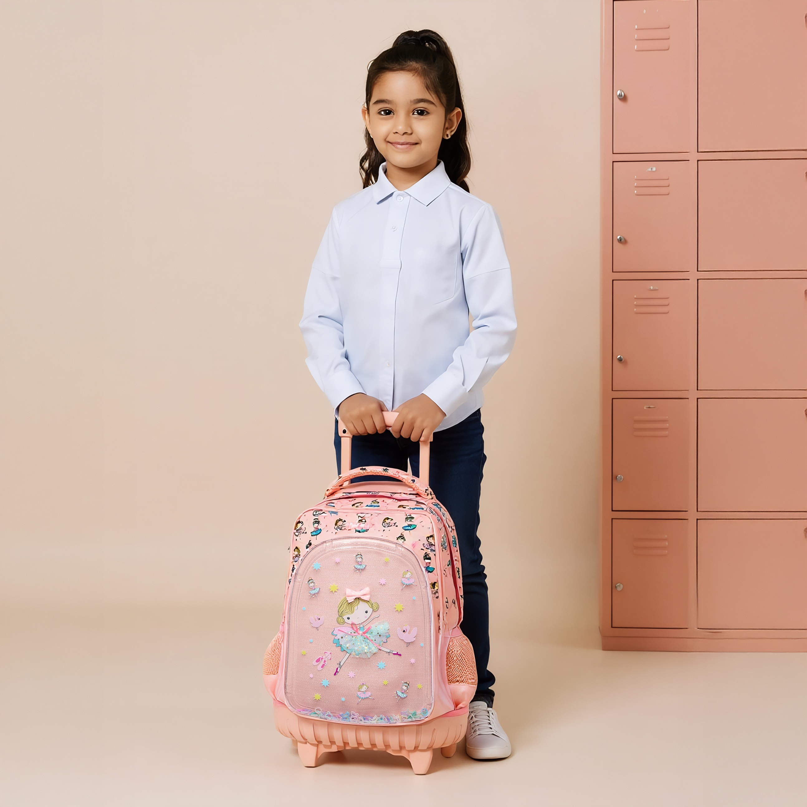 Ballerina Print Trolley Backpack with Retractable Handle - 17 inches-school-bagsandbackpacks-trolleybags-image-3