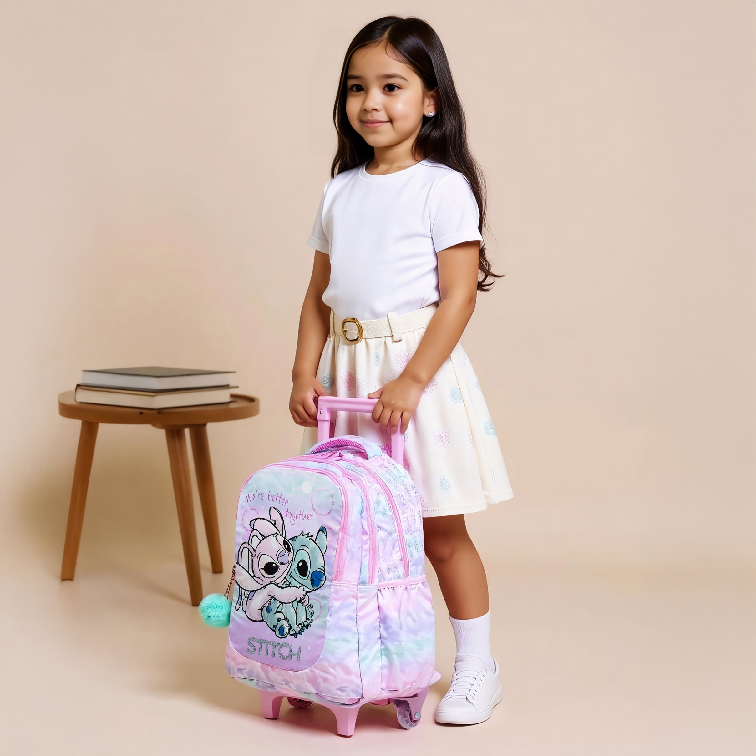 Disney Stitch and Angel Print Trolley Backpack with Retractable Handle - 16 inches-school-bagsandbackpacks-trolleybags-image-2