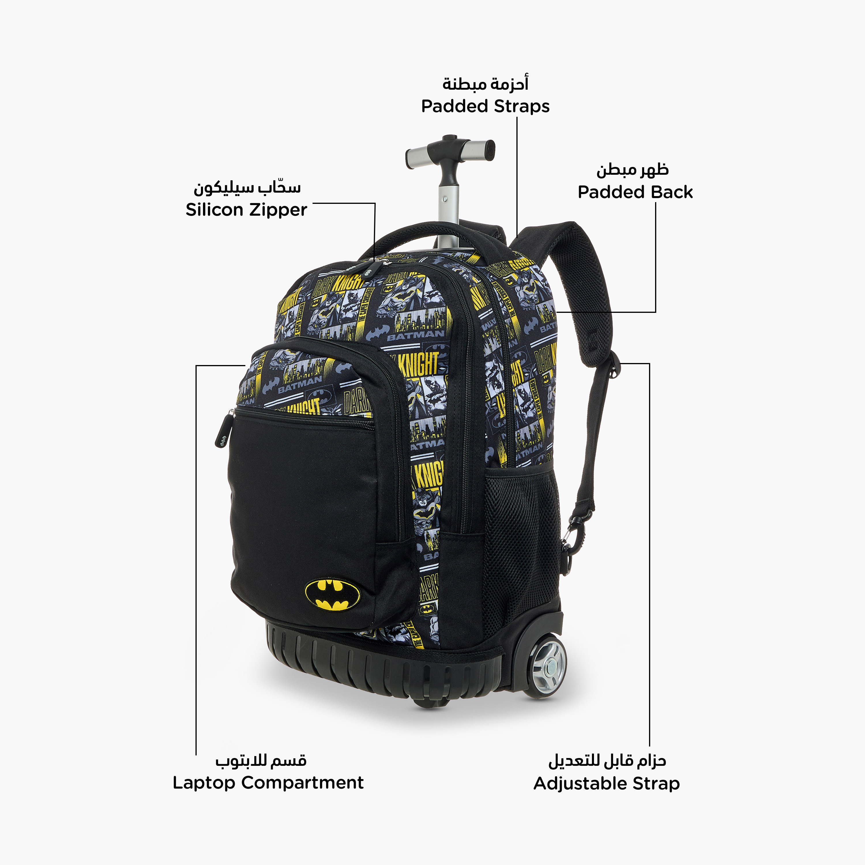 Batman Print Trolley Backpack with Retractable Handle and Zip Closure-school-bagsandbackpacks-trolleybags-image-8