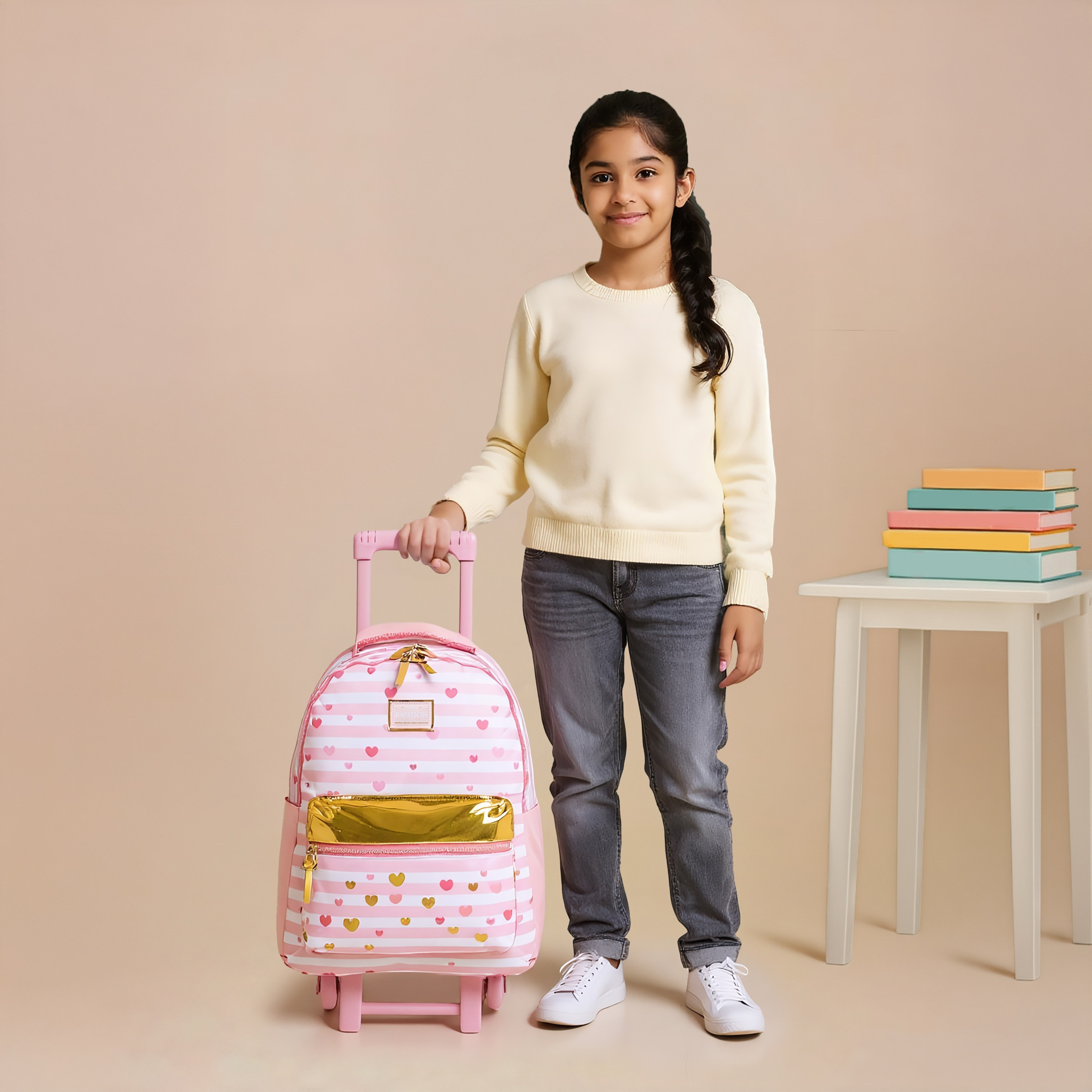 Juniors Striped Trolley Bag for Girls 8-13 Years with Adjustable Strap -school-bagsandbackpacks-trolleybags-image-2