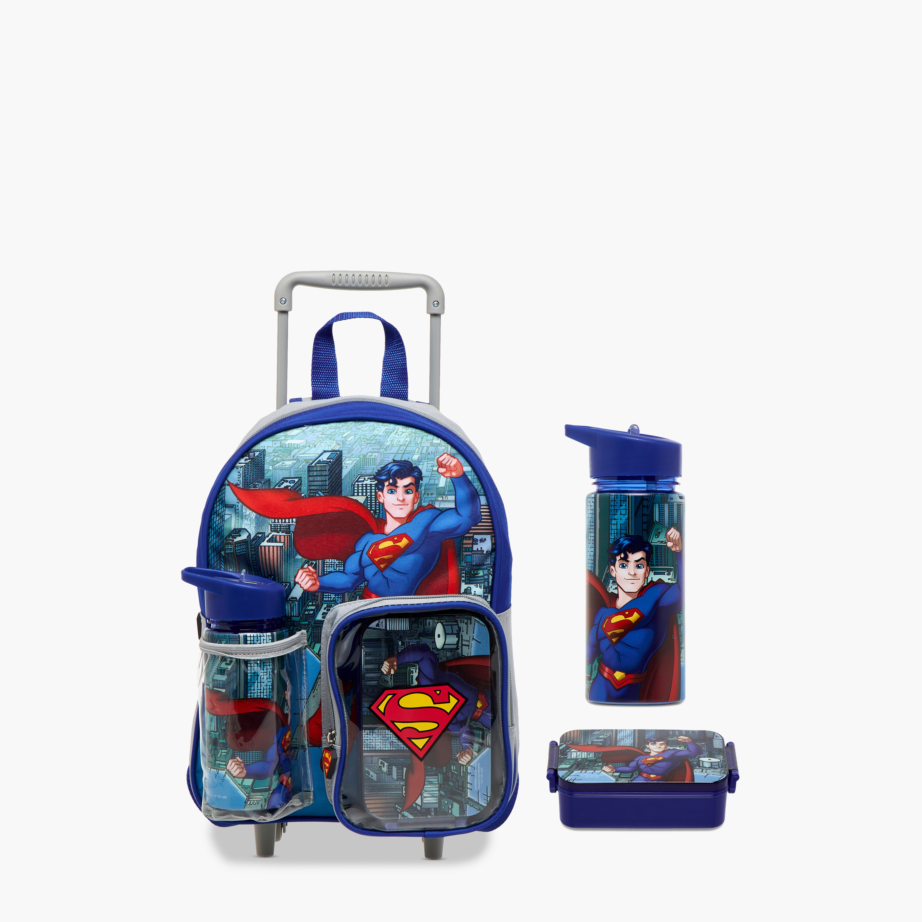 Superman Print Trolley Backpack with Retractable Handle and Zip Closure - 13 inches-school-bagsandbackpacks-trolleybags-image-1