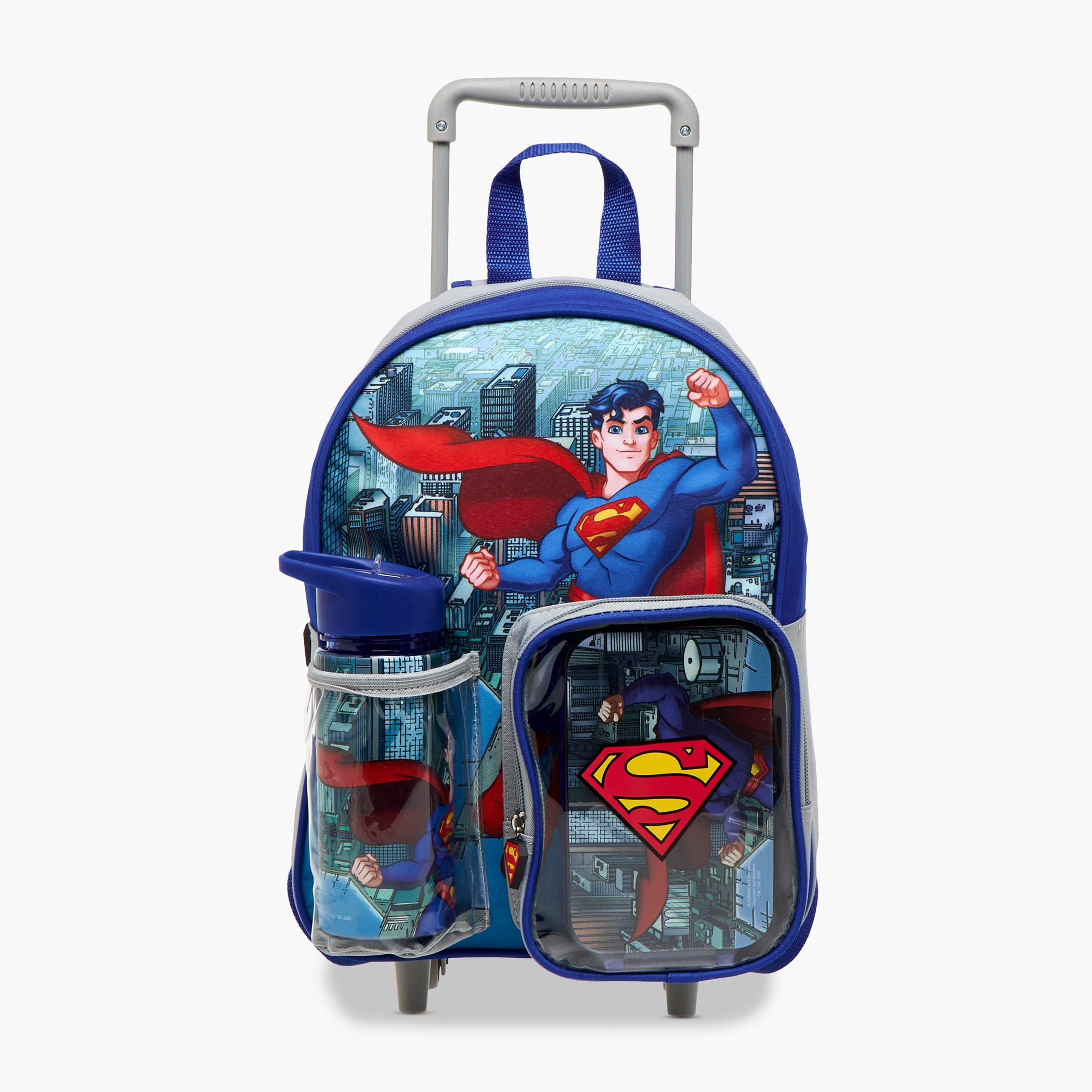 Superman Print Trolley Backpack with Retractable Handle and Zip Closure - 13 inches-school-bagsandbackpacks-trolleybags-image-2